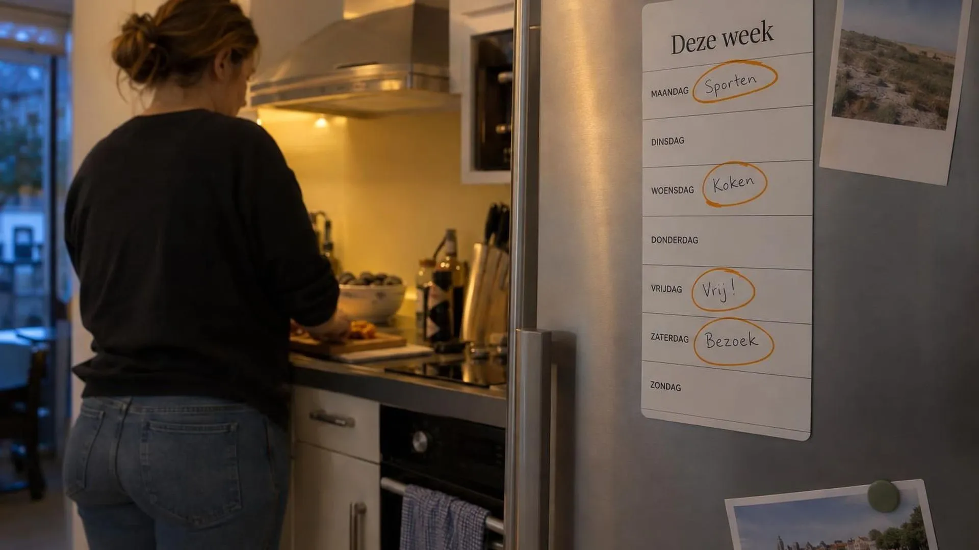 Een weekplanner op de koelkast met wisselende dagen aangekruist en één dag leeg gelaten