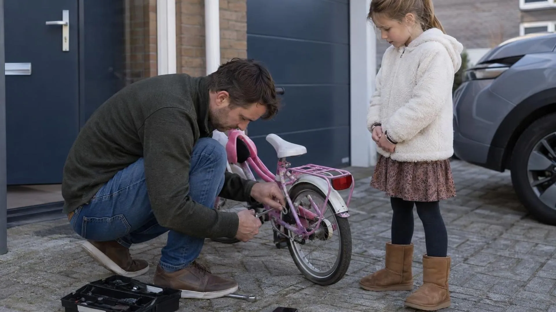Een ouder repareert op zondagochtend de fiets van een kind op de oprit, terwijl een telefoon op de stoep trilt