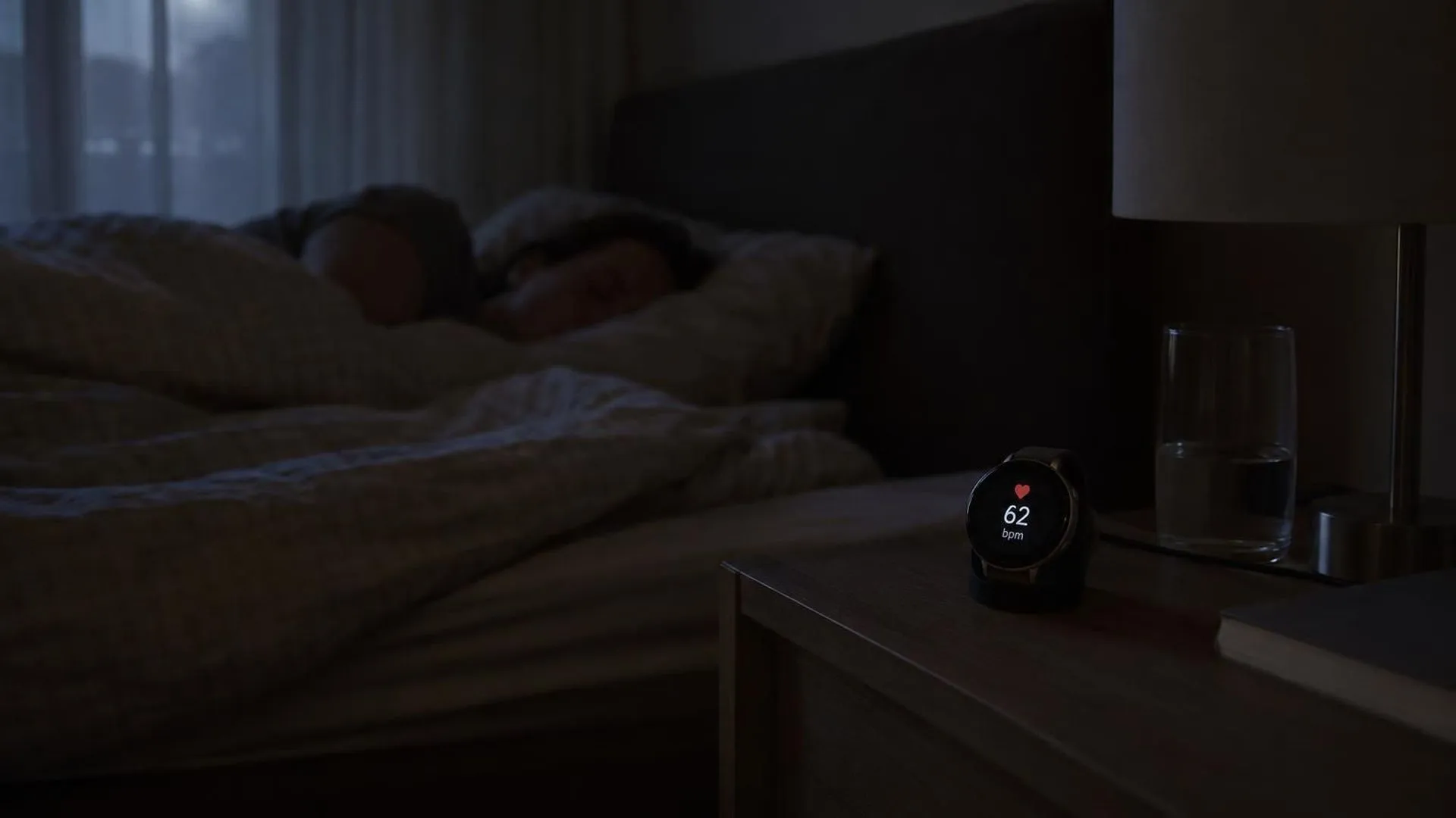 Een smartwatch op een nachtkastje geeft in het donker een hartslagmeting weer, met maanlicht door het gordijn