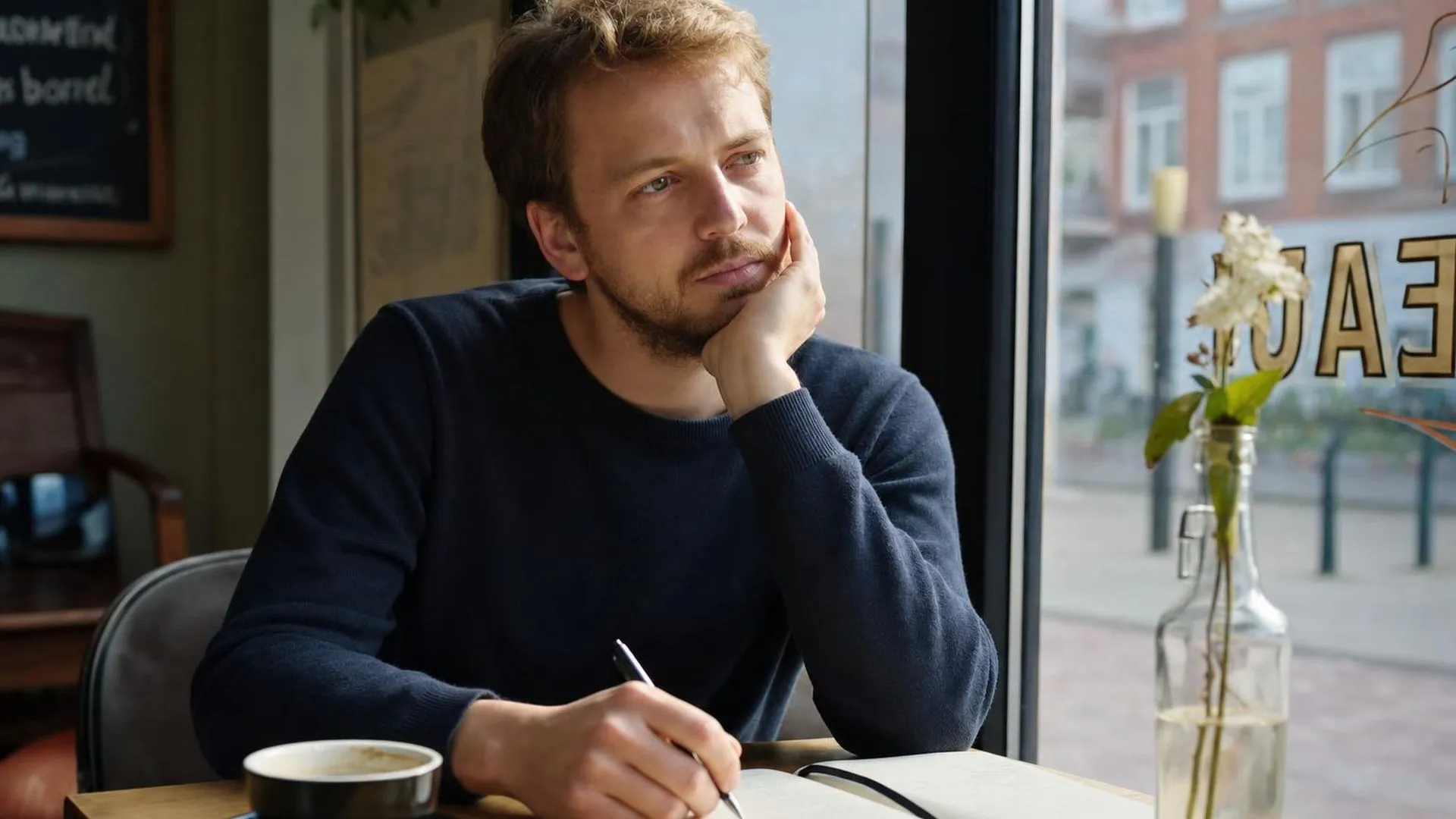 Persoon aan een cafétafel met een open notitieboek, peinzend in gedachten verzonken