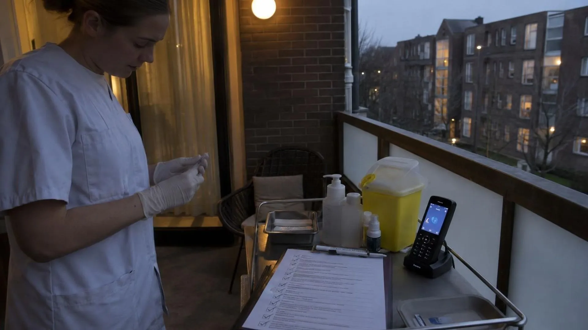Een zorgbalie met een klembord vol afgevinkte vakjes en een onbeantwoorde rinkelende telefoon ernaast, in het schemerige licht van een ziekenhuisgang.