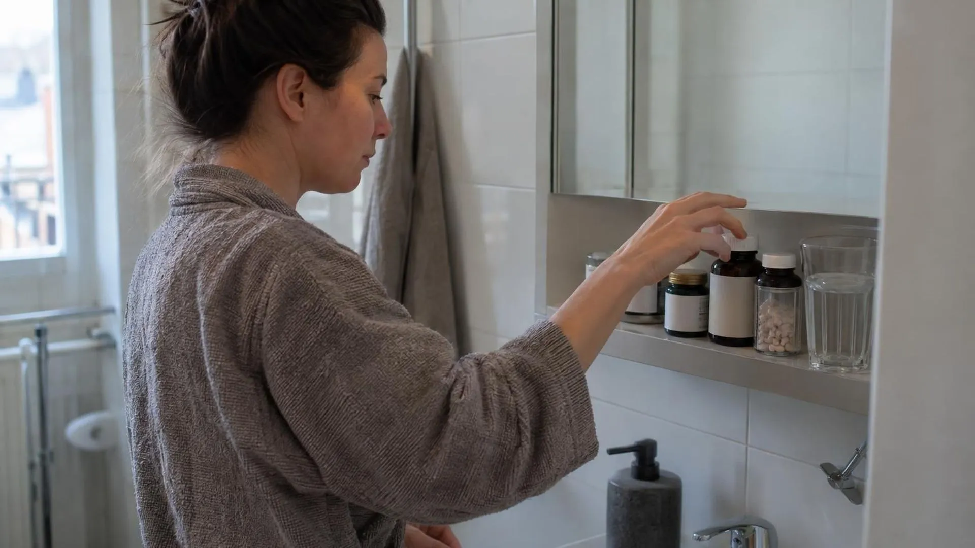 Een badkamerplankje met een rijtje supplementenpotjes en een glas water in het ochtendlicht