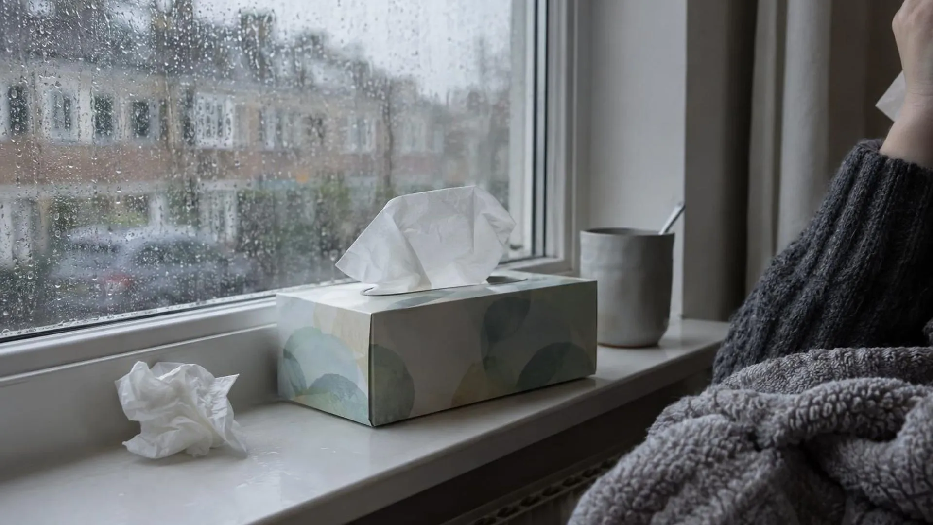 Een halfleeg doosje tissues op de vensterbank, met een verfrommelde tissue ernaast, terwijl het buiten regent.