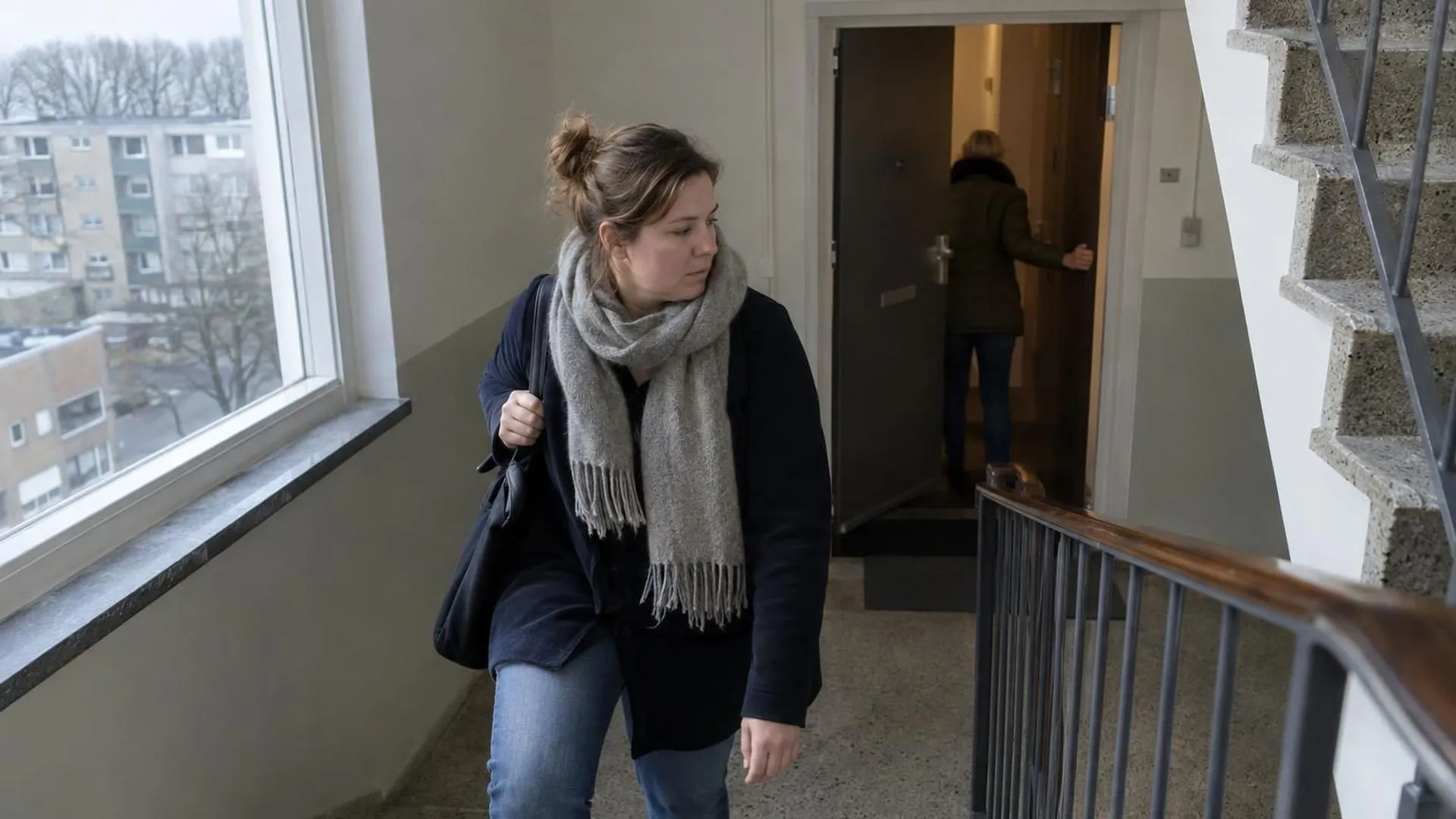 In een portiek sluit op de achtergrond een deur, terwijl iemand halverwege de trap stilstaat