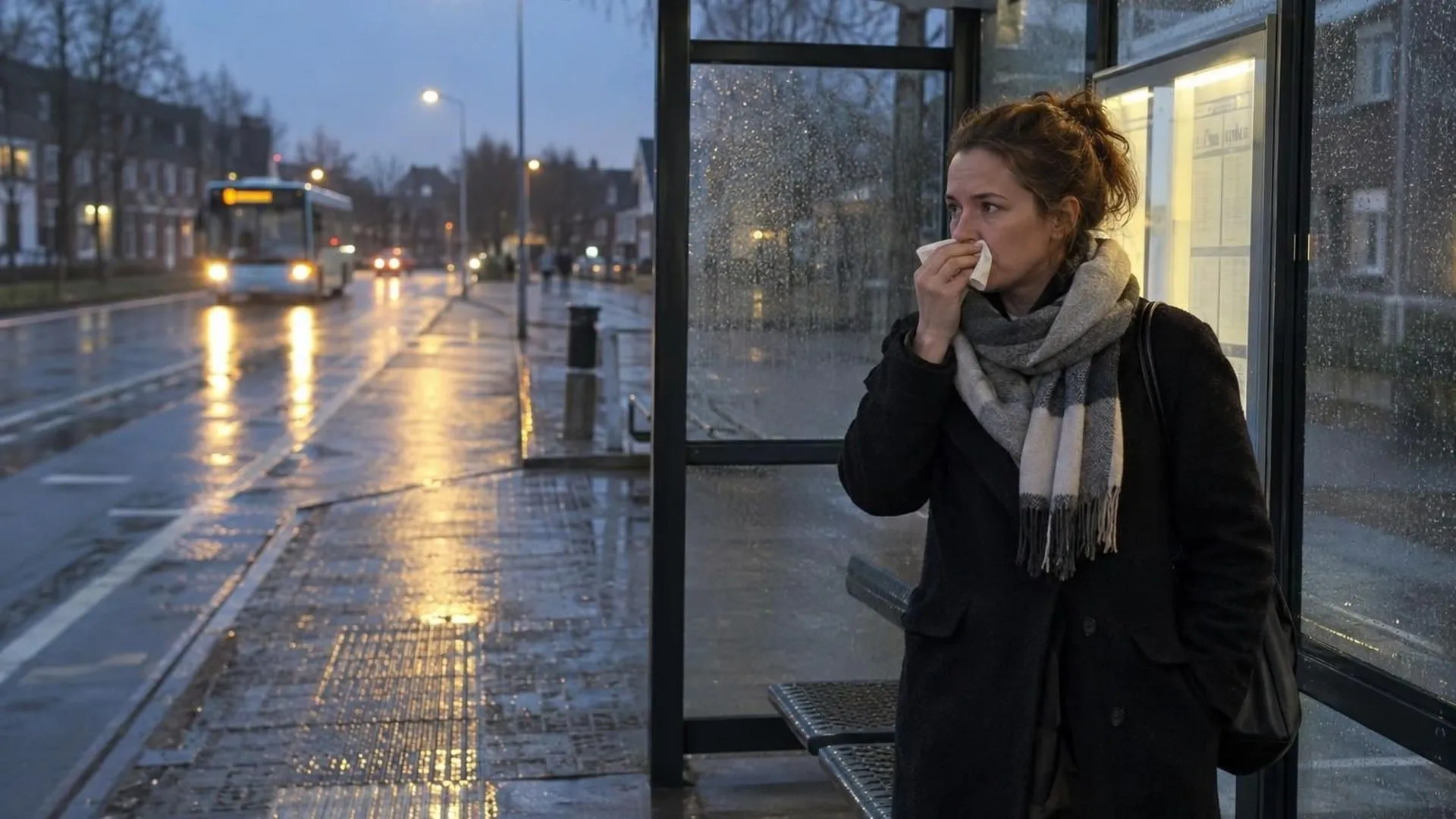 Iemand wacht alleen bij een bushalte in de regen met een zakdoekje in de hand