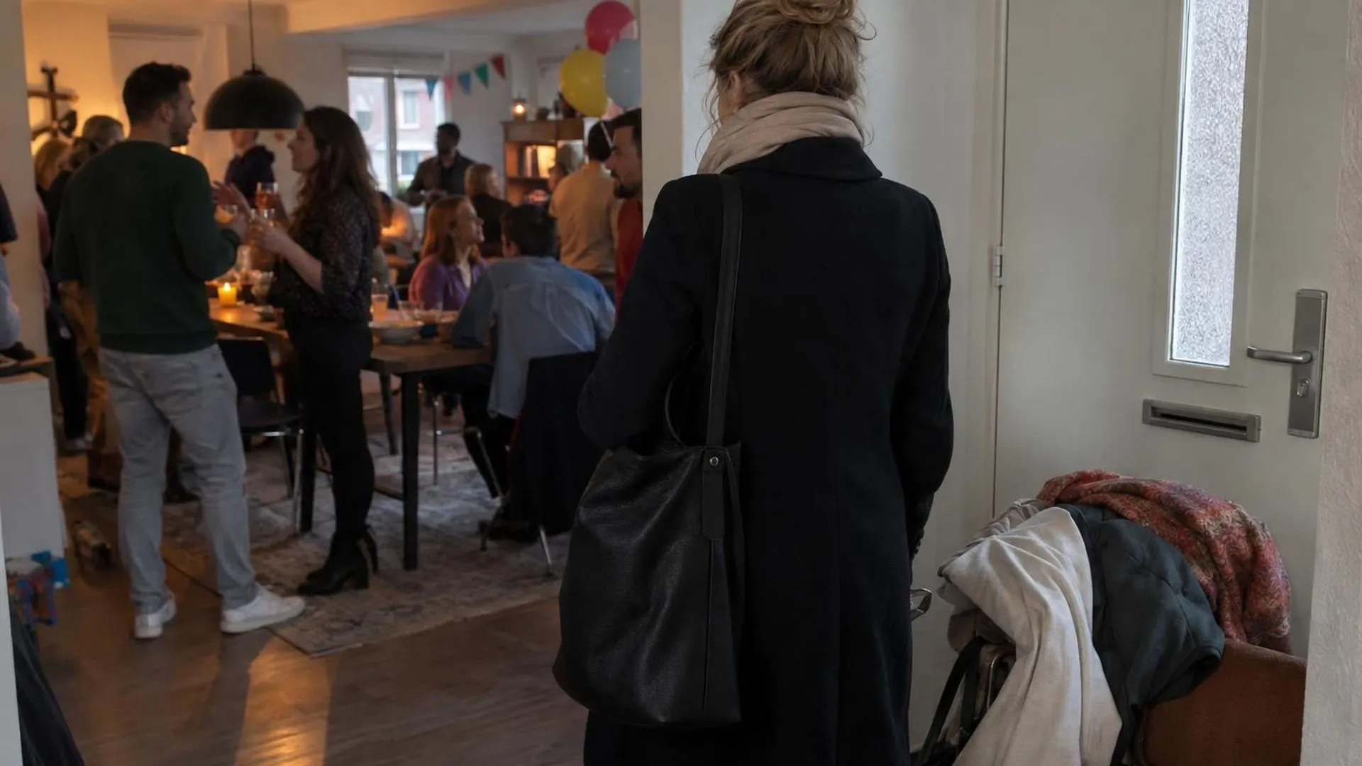 Van achteren gezien staat iemand bij de voordeur aan de rand van een drukke verjaardag, klaar om weg te glippen.