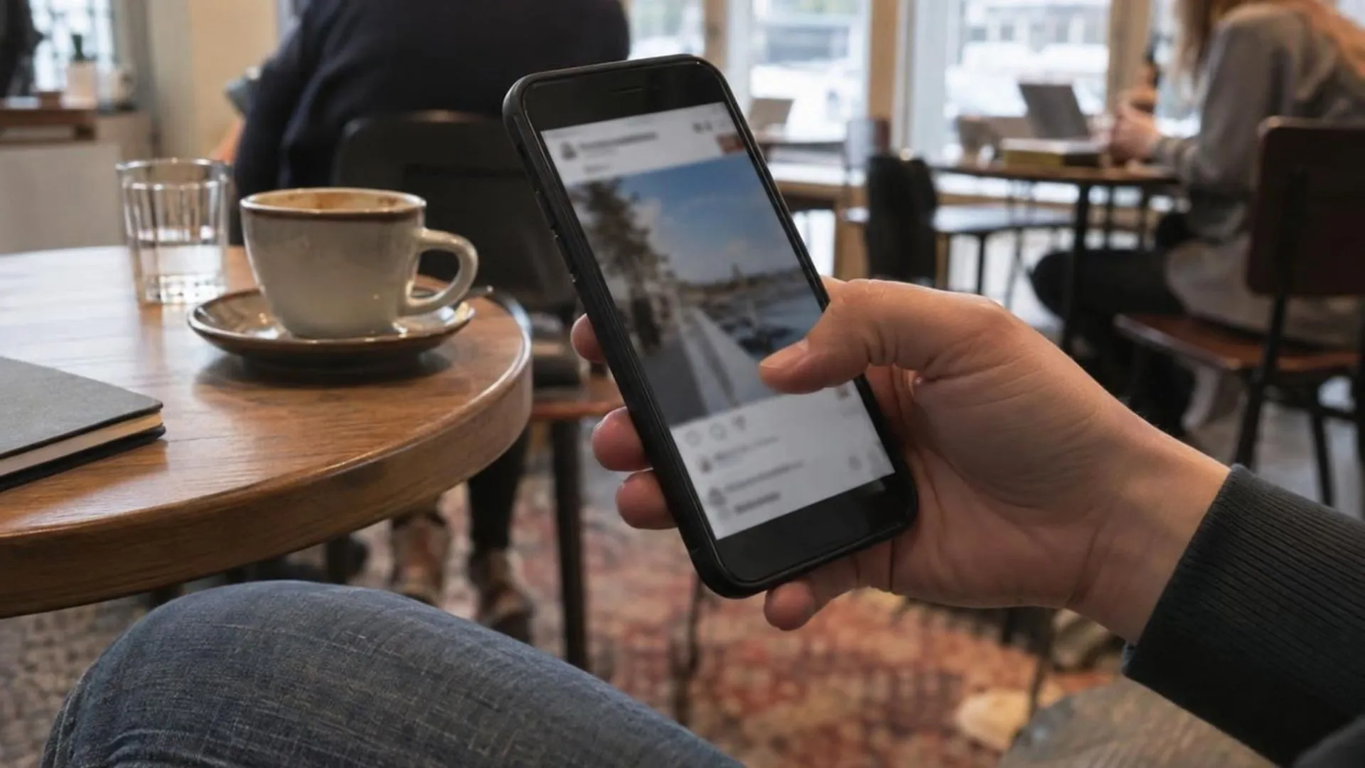Close-up van een duim die over een telefoonscherm scrolt met een wazige foto op sociale media, aan de rand van een cafétafel.