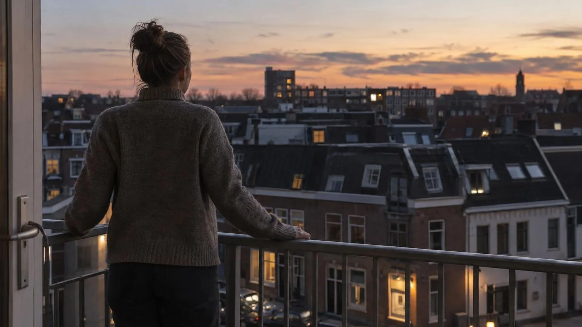 Iemand van achteren op een balkon, starend over de daken bij invallende schemering