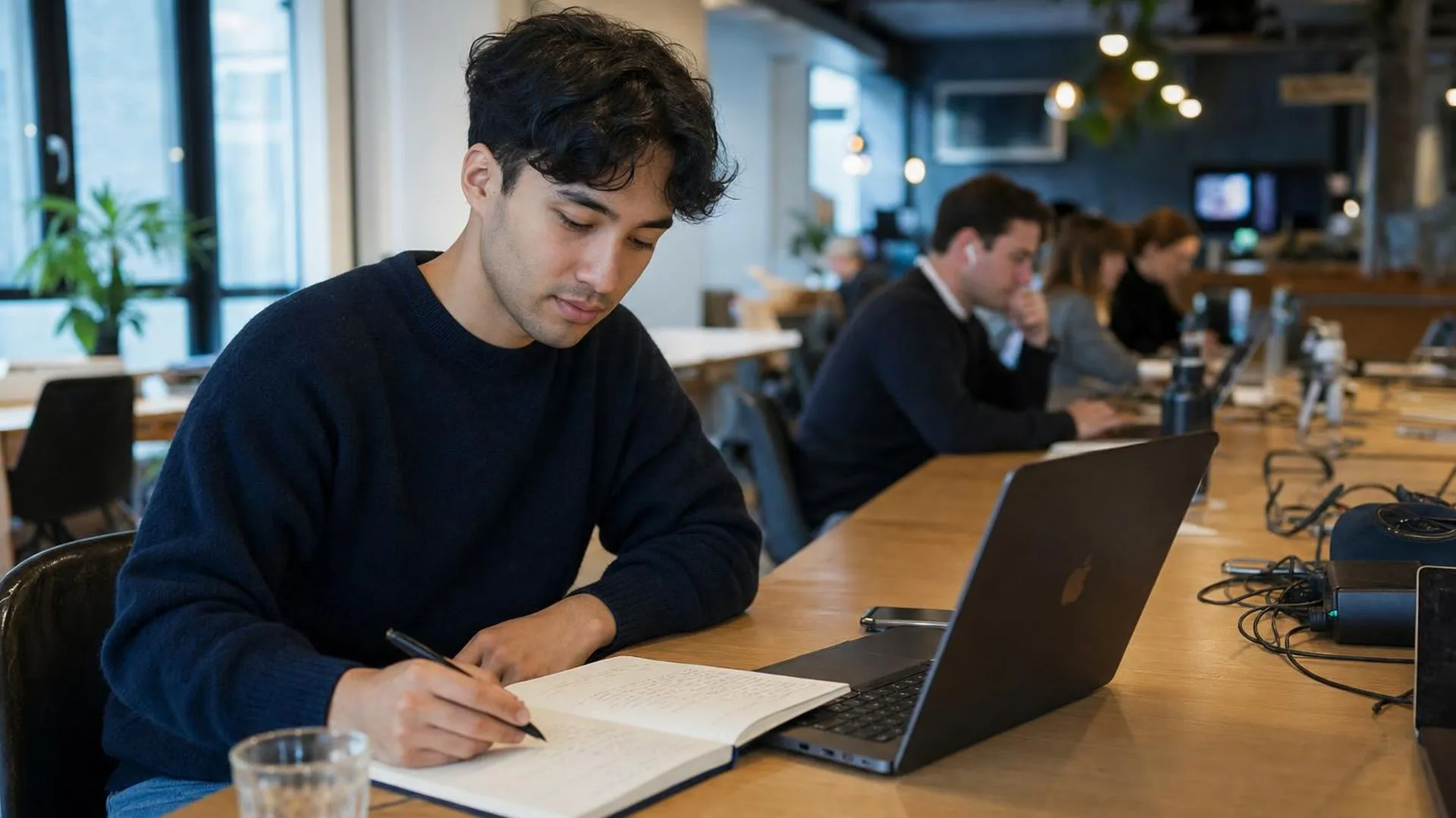 Persoon werkt reflectief aan kernkwadranten aan een gedeelde werktafel in een café