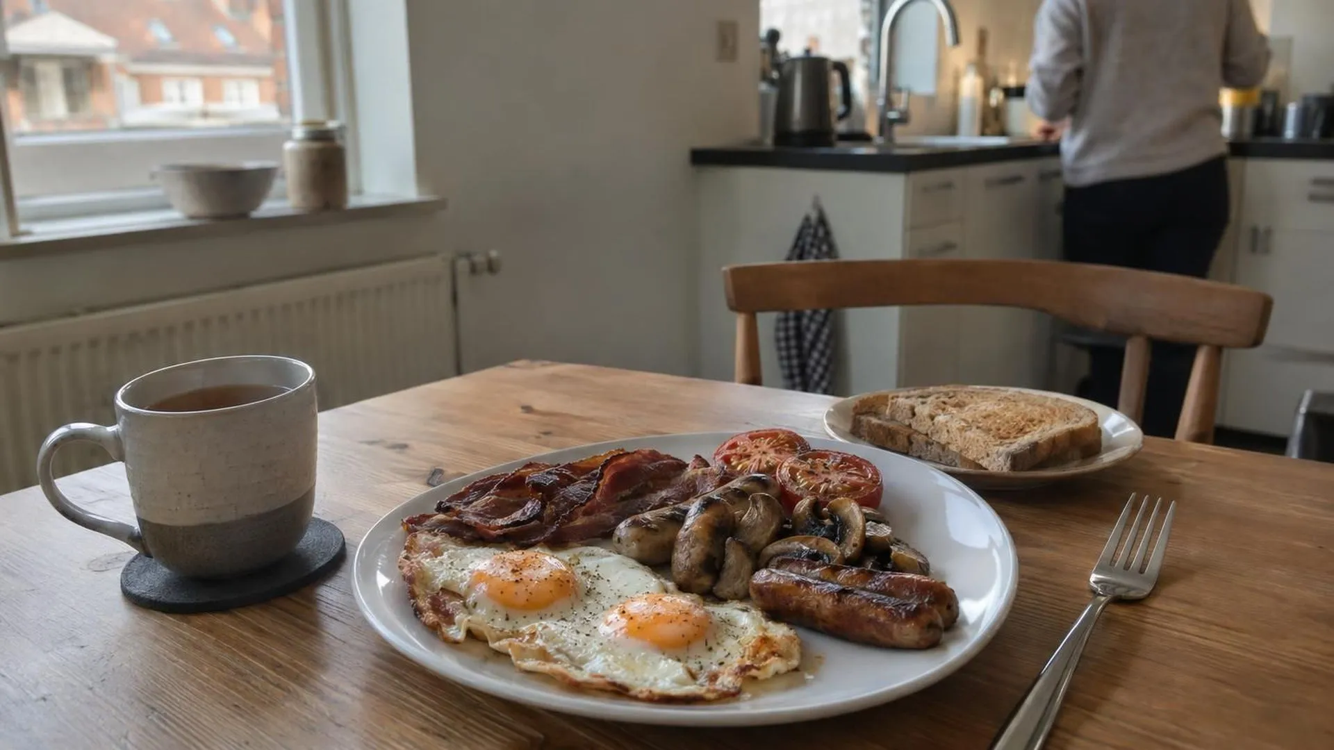 Een onaangeroerd ontbijtbord met een vork ernaast op een keukentafel in ochtendlicht.