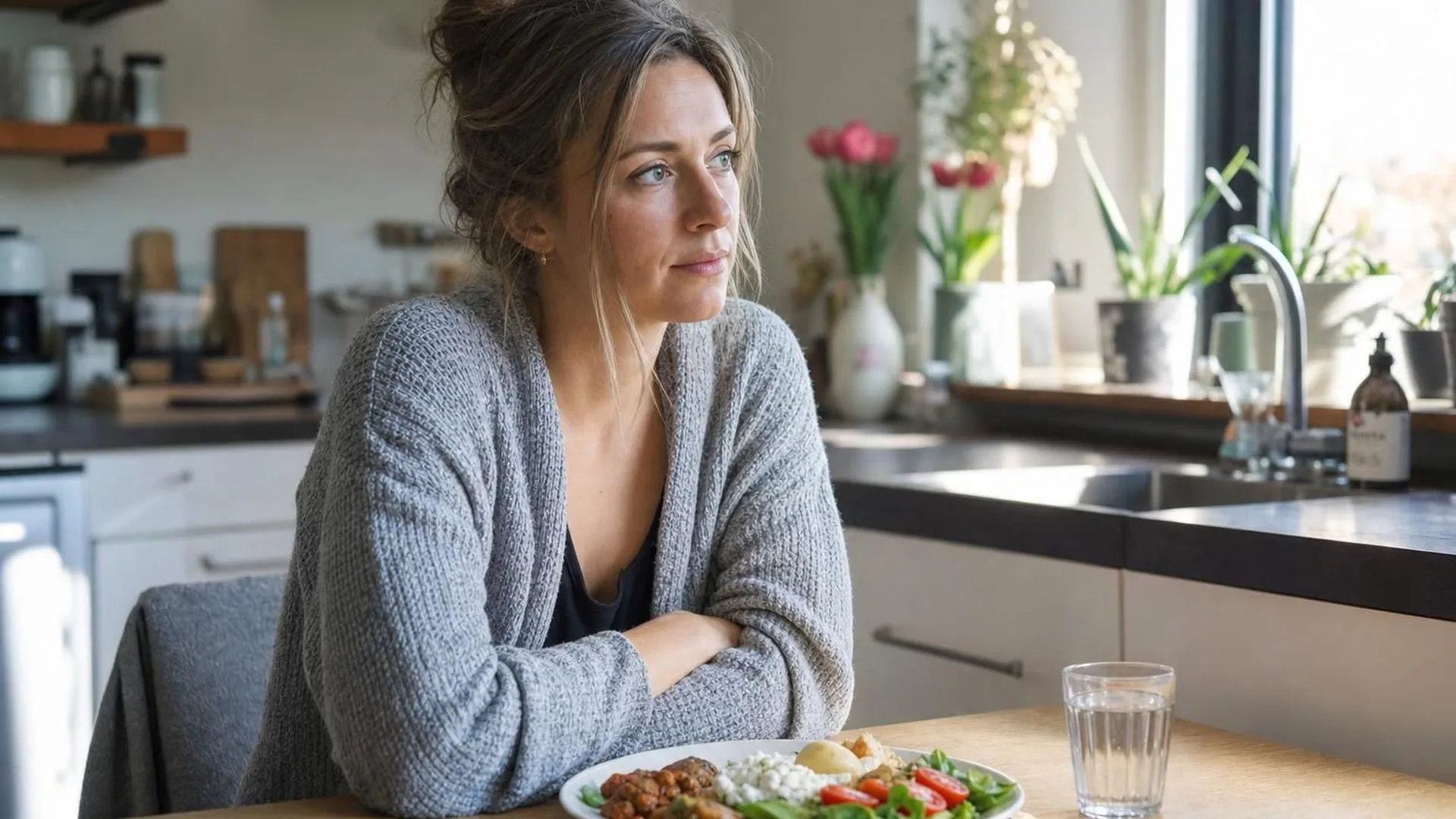 Iemand zit aan de keukentafel met een onaangeroerd bord eten in ochtendlicht