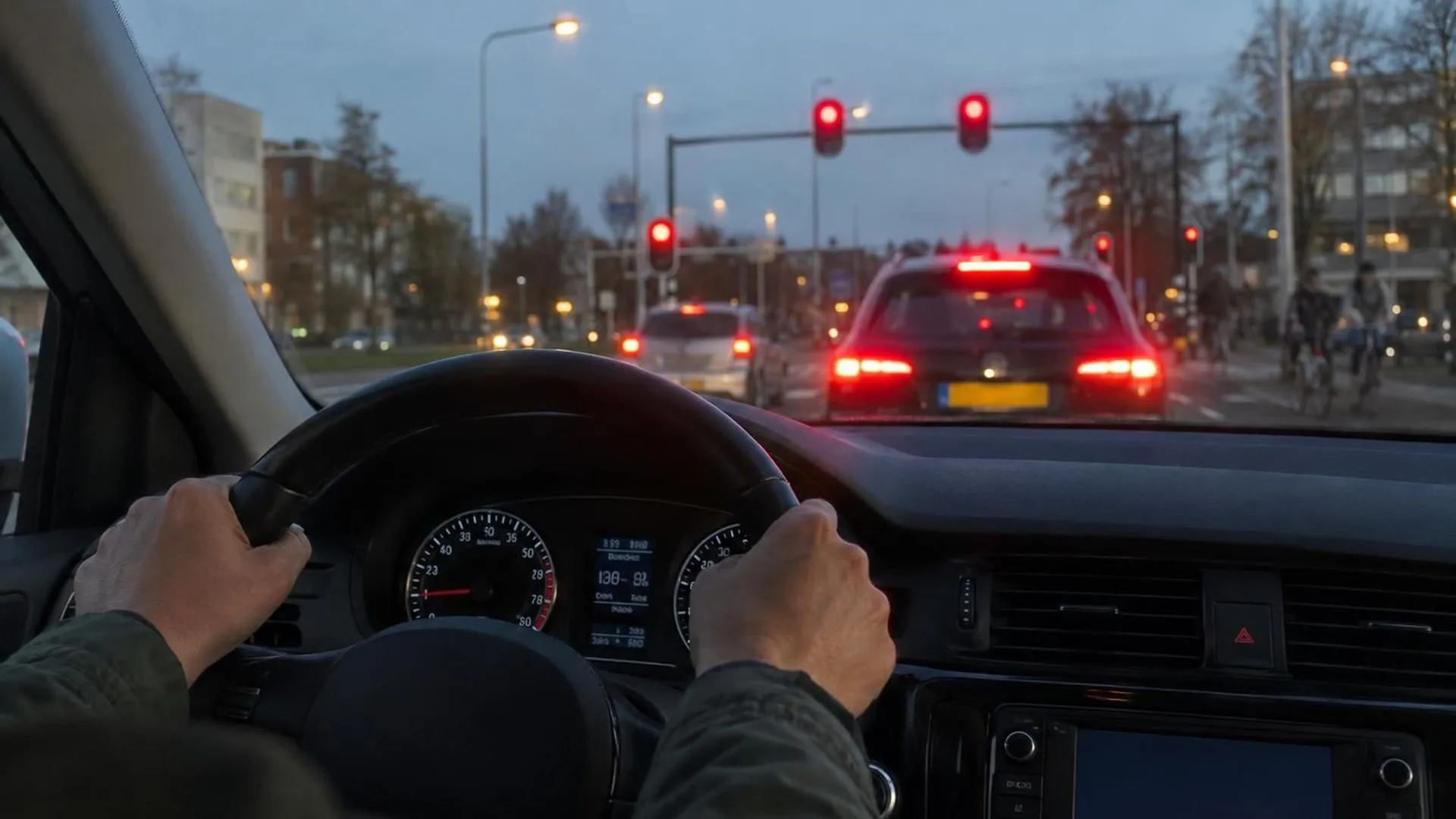 Vanuit een auto bij een rood stoplicht, handen die het stuur stevig vastgrijpen, de achterlichten van een auto die net heeft afgesneden, in het schemerlicht.