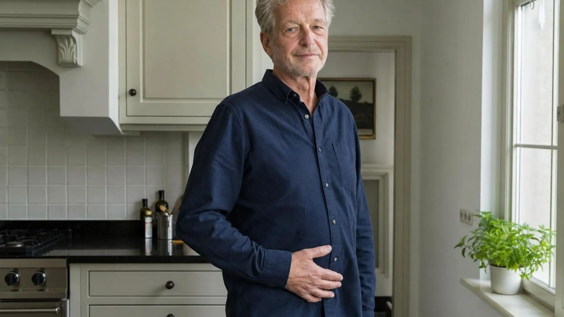 Iemand staat in een rustige keuken met een hand op de buik in zacht daglicht