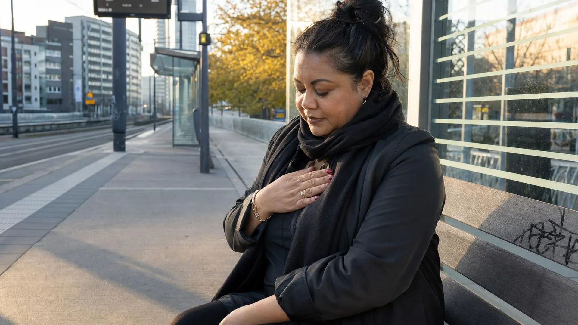 Persoon zit op een bankje op een tramstation met hand op borst
