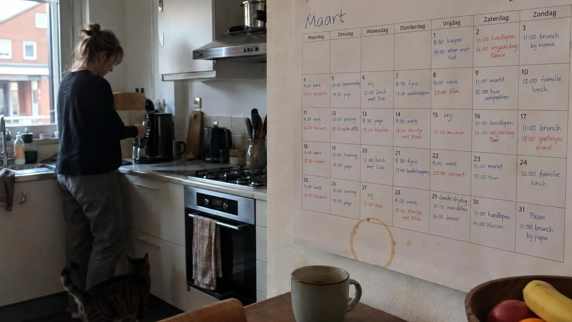 Een keukenkalender die helemaal volgeschreven staat met afspraken, met een kringvlek van een koffiekopje ernaast