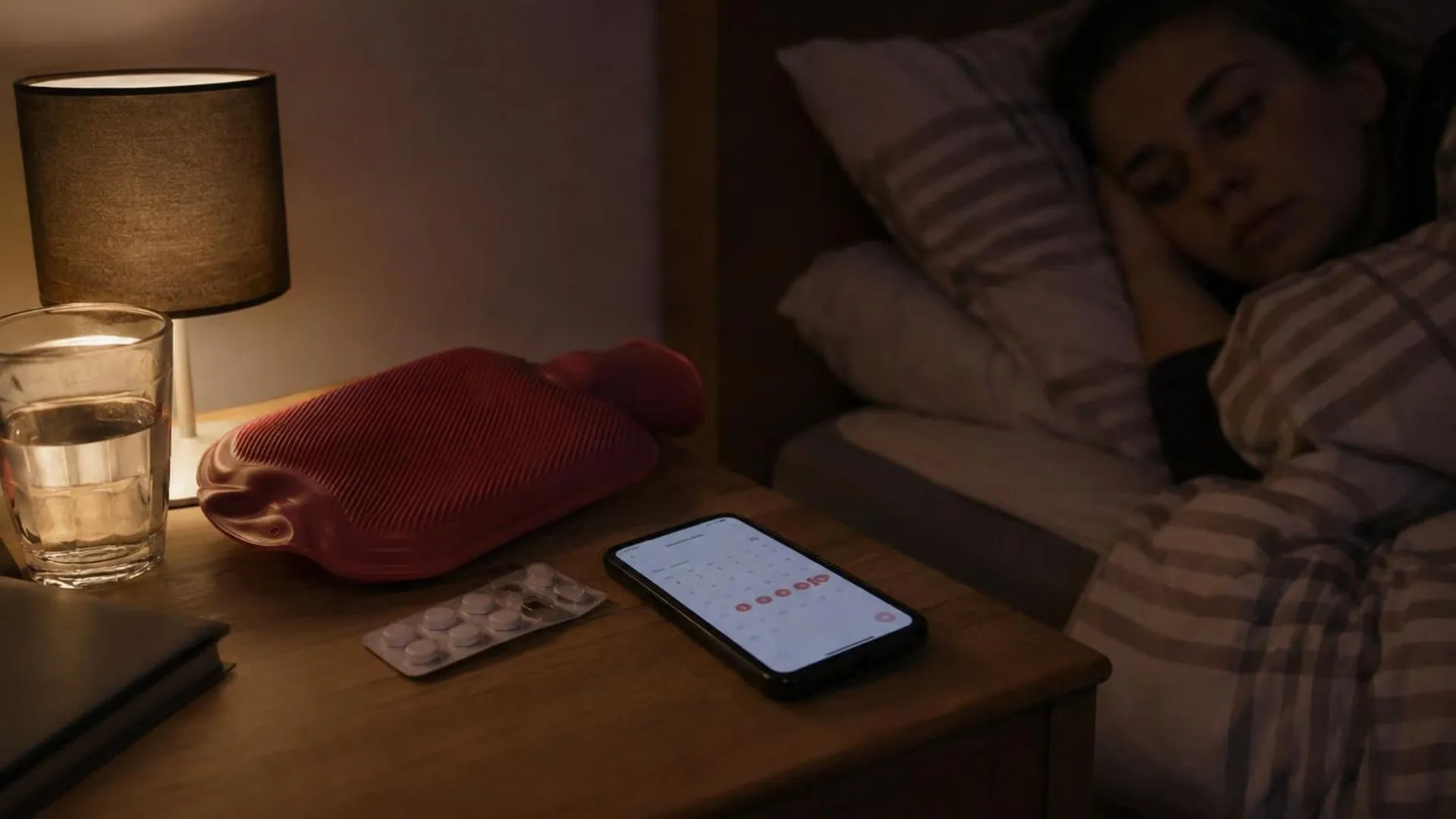 Nachtkastje met kruik, pijnstillers en een telefoon met een menstruatiekalender.