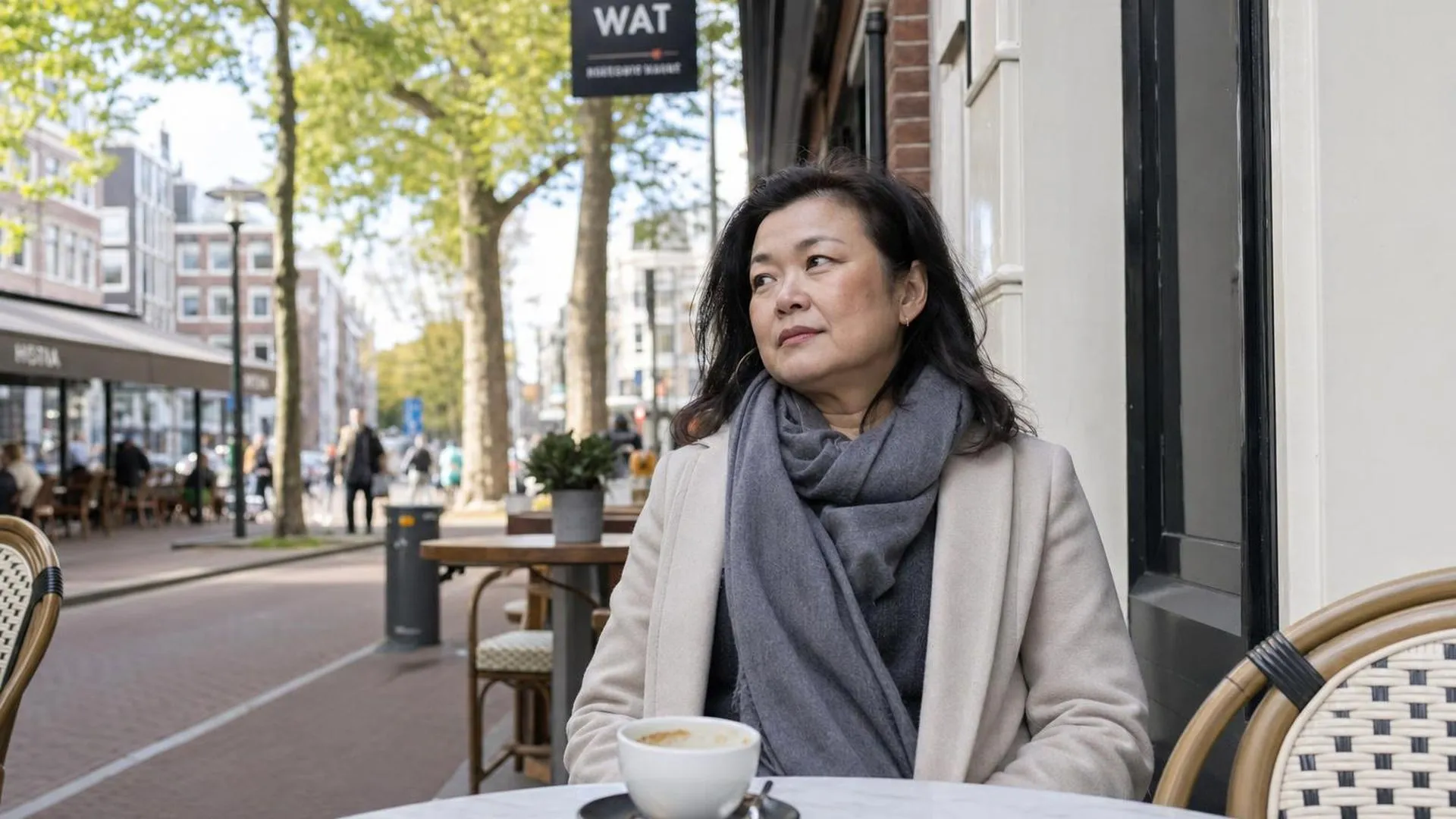 Persoon zit alleen aan een terrastafeltje en staart in de verte