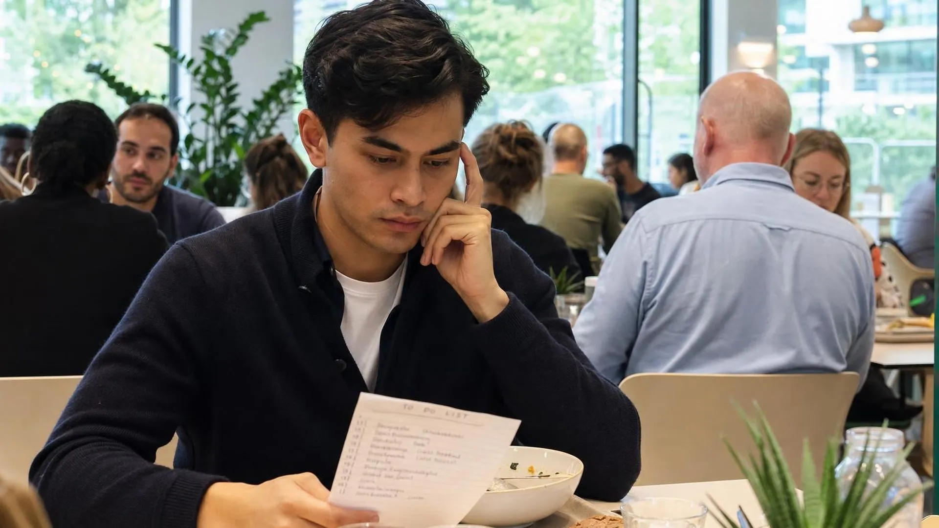 Persoon die naar een lange takenlijst kijkt tijdens de lunch op kantoor
