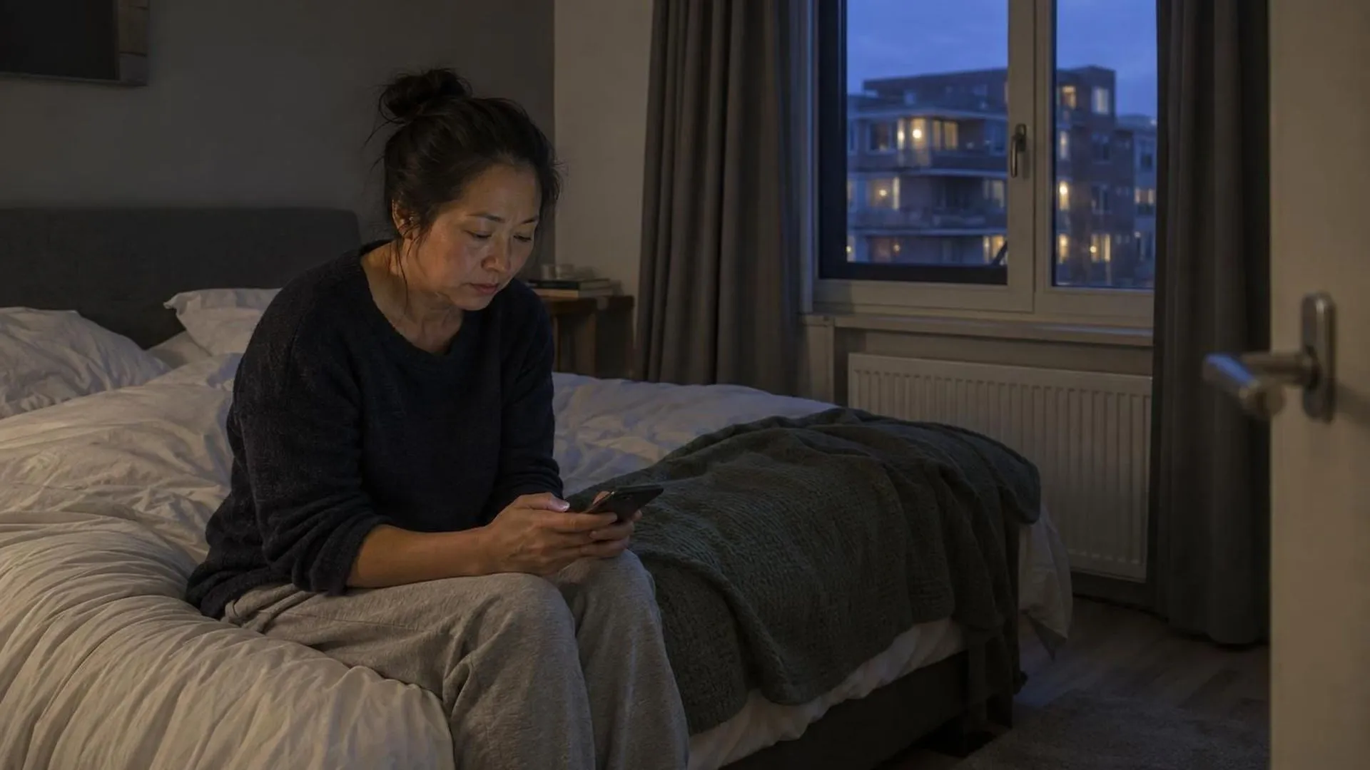 Iemand zit op de rand van het bed in het schemerlicht, de gordijnen half dicht en geen lamp aan