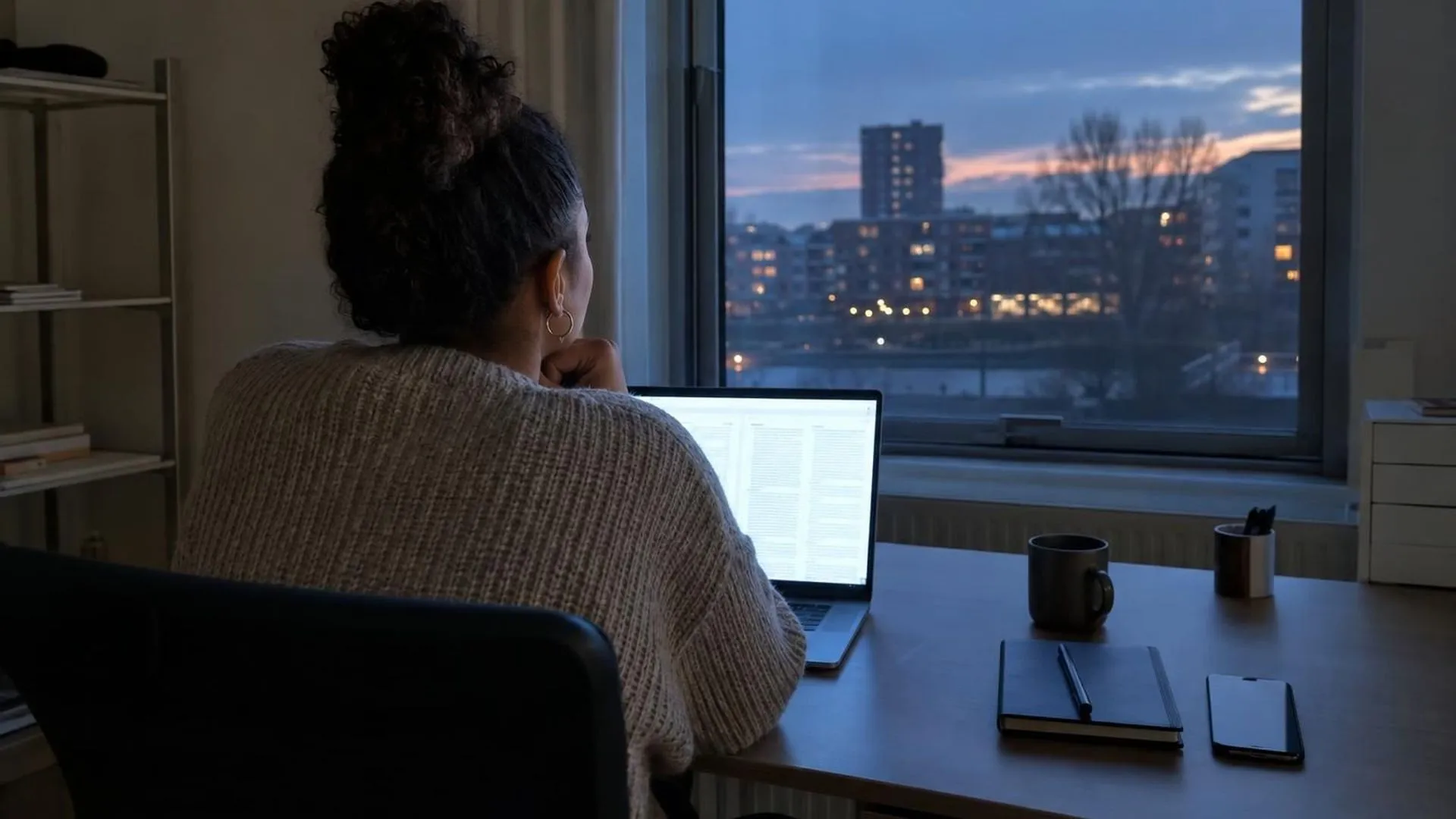 Van achteren gezien staart iemand langs het laptopscherm naar een donker wordend raam.