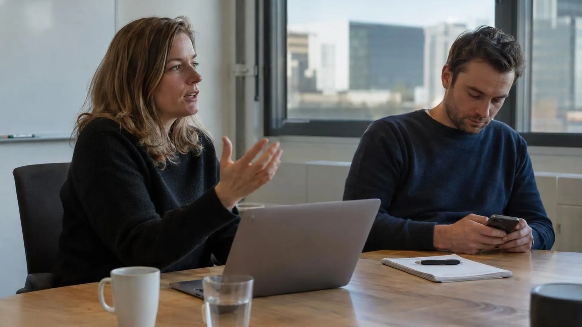 Twee collega's aan een vergadertafel: de een praat, de ander kijkt ondertussen naar een telefoon onder tafel
