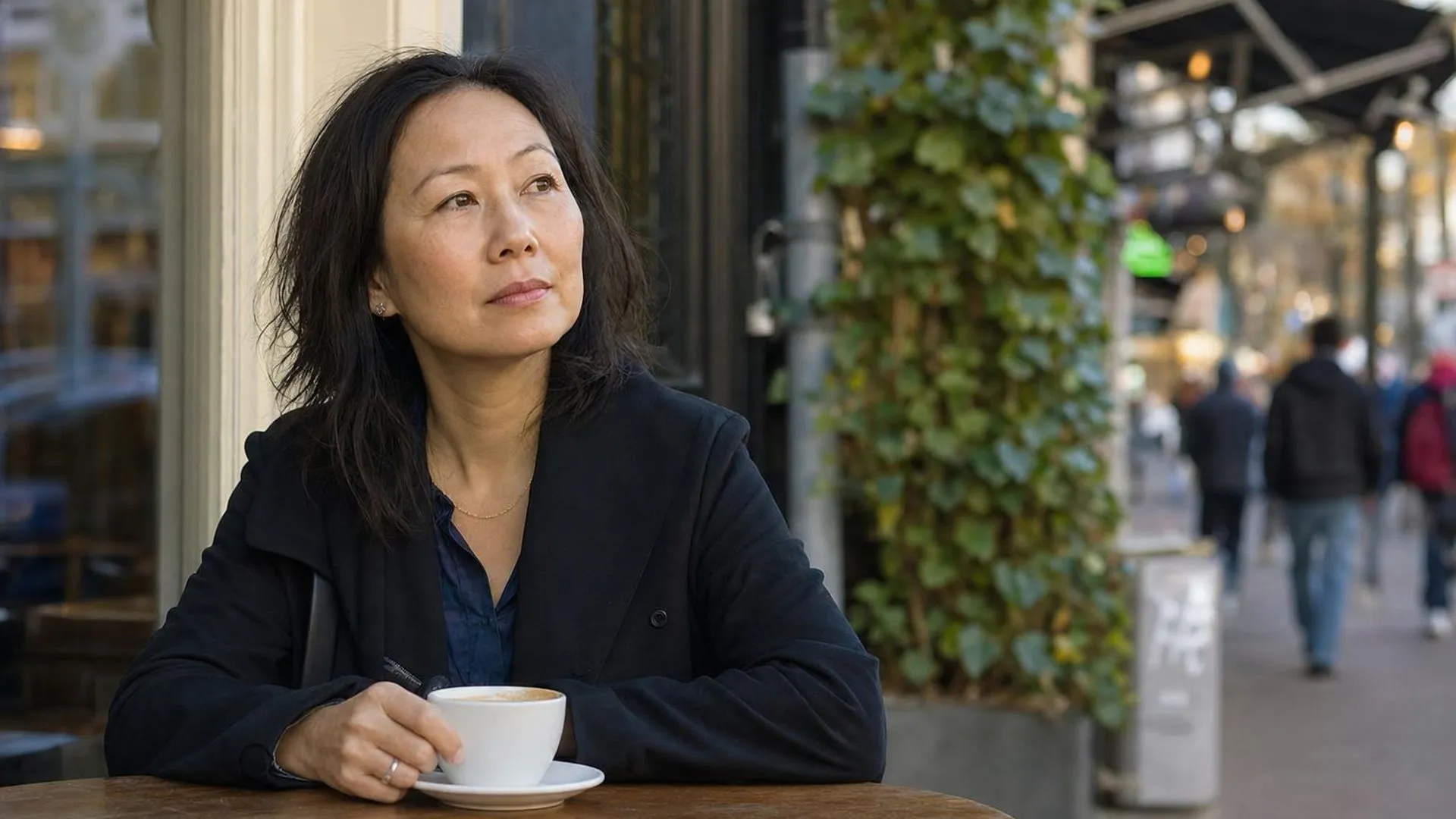 Persoon zit aan een stadscafétafel en kijkt afwezig langs een koffiekopje