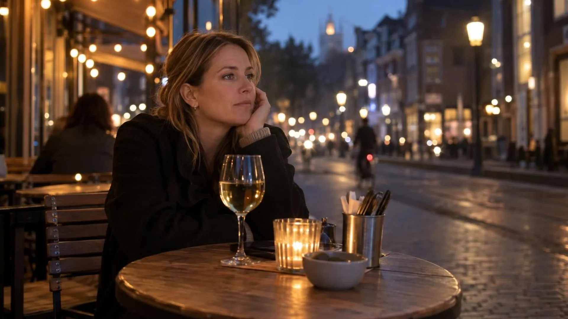 Op een verlicht caféterras 's avonds staat een vol glas wijn onaangeroerd voor iemand die alleen zit