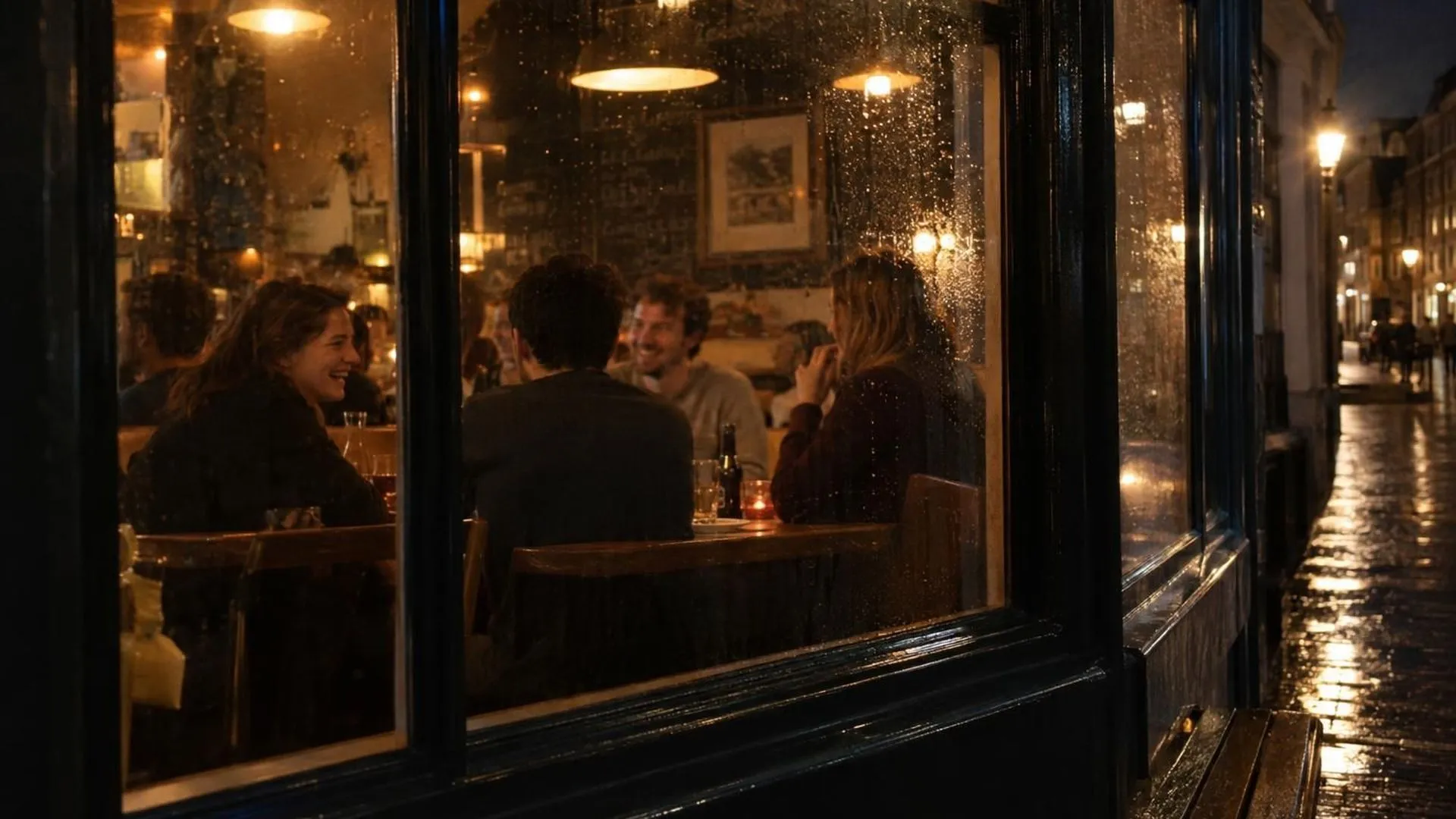 Door een beregend caféraam gezien: binnen zit een groep pratend en lachend, van buiten kijk je toe