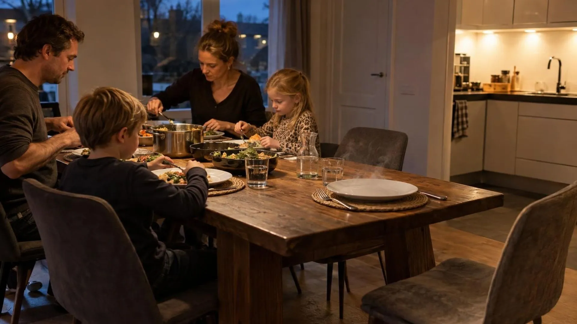 Een gedekte eettafel met volle borden, op één lege stoel na met een onaangeroerd bord.
