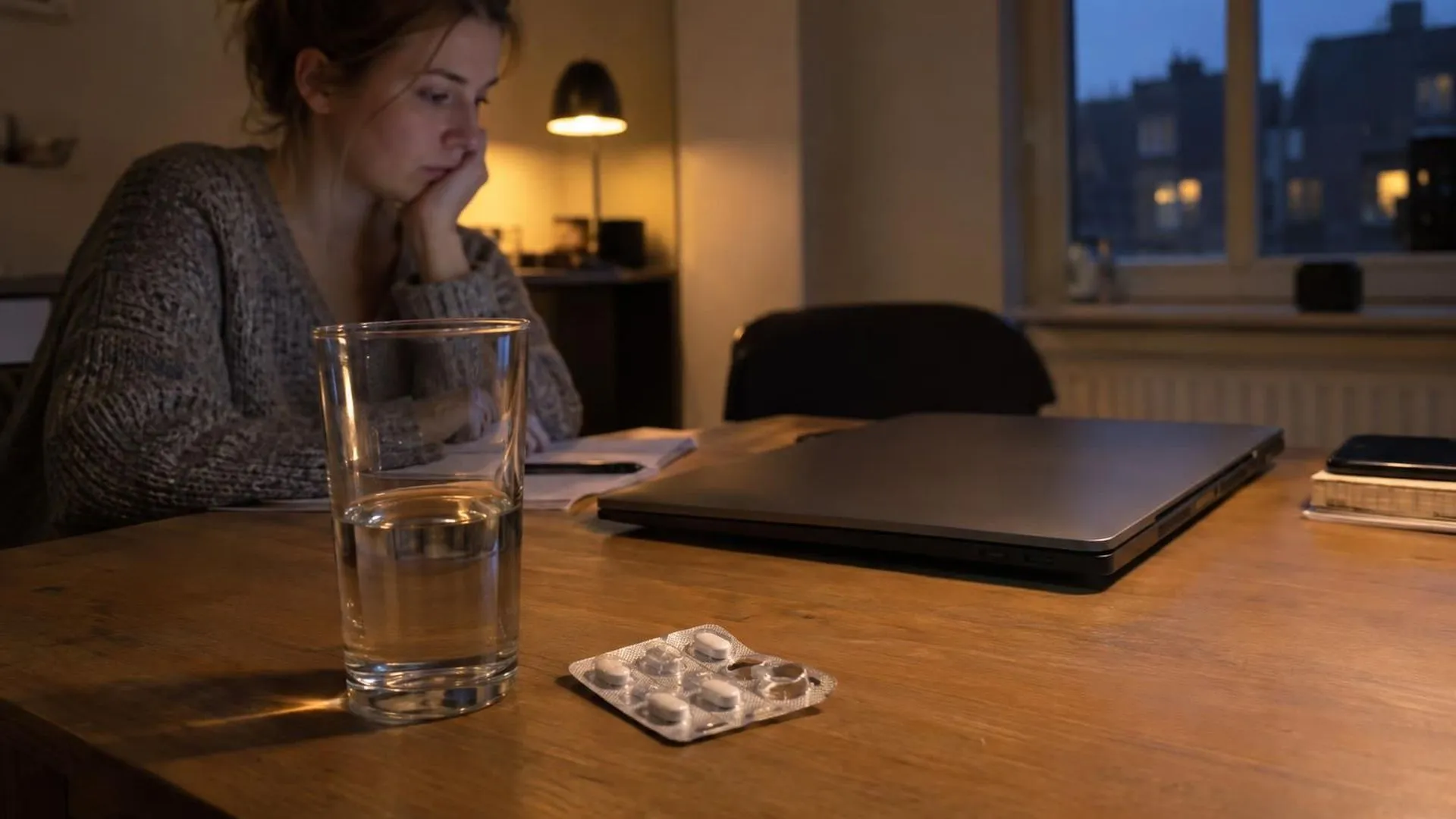 Een leeg glas water en een strip pijnstillers naast een dichtgeklapte laptop