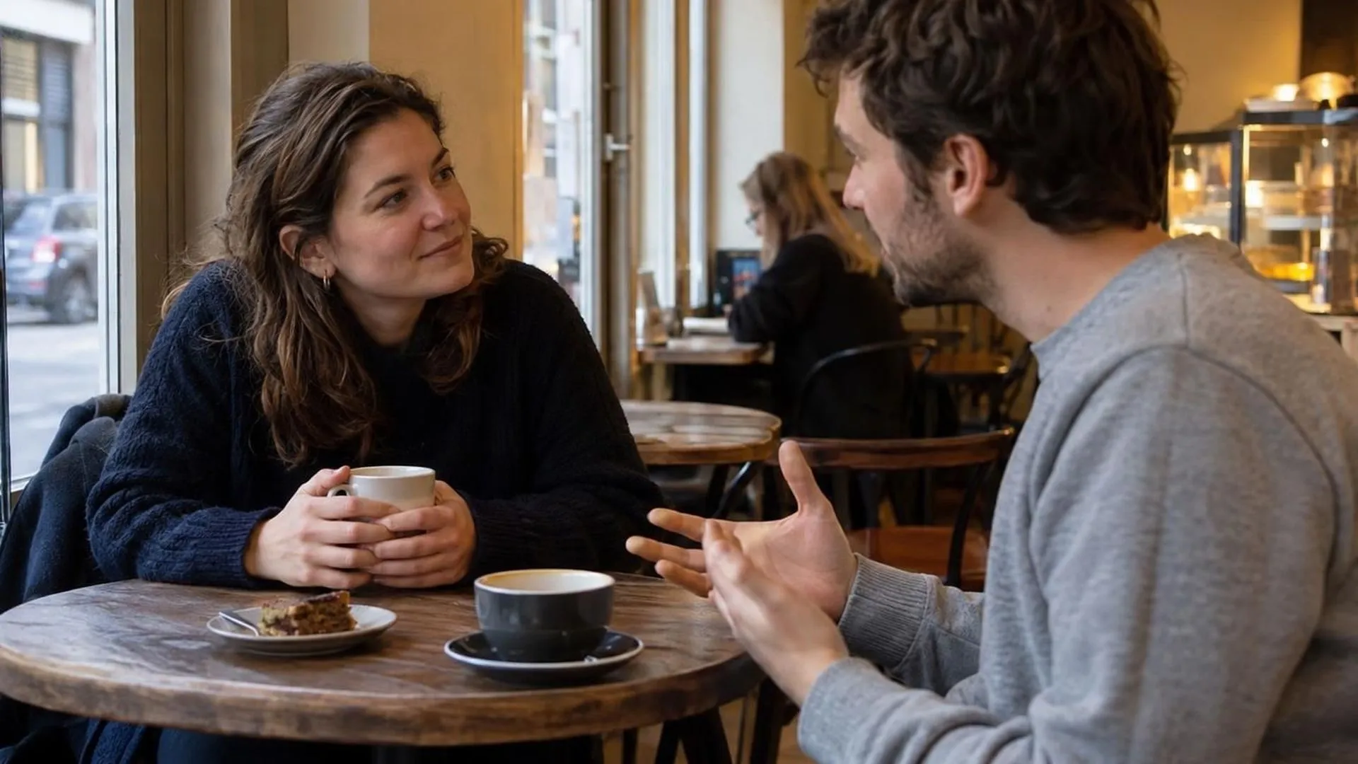Twee mensen aan een cafetafel, de een luistert voorovergebogen met de handen om een mok, de ander praat