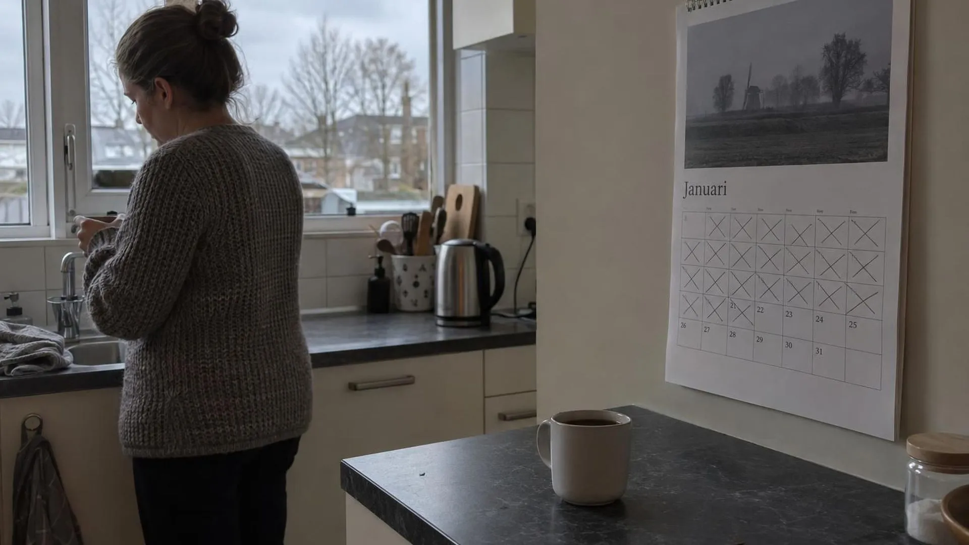 Een keukenkalender met doorgestreepte weken naast een koude, onaangeroerde kop koffie, in vlak ochtendlicht.