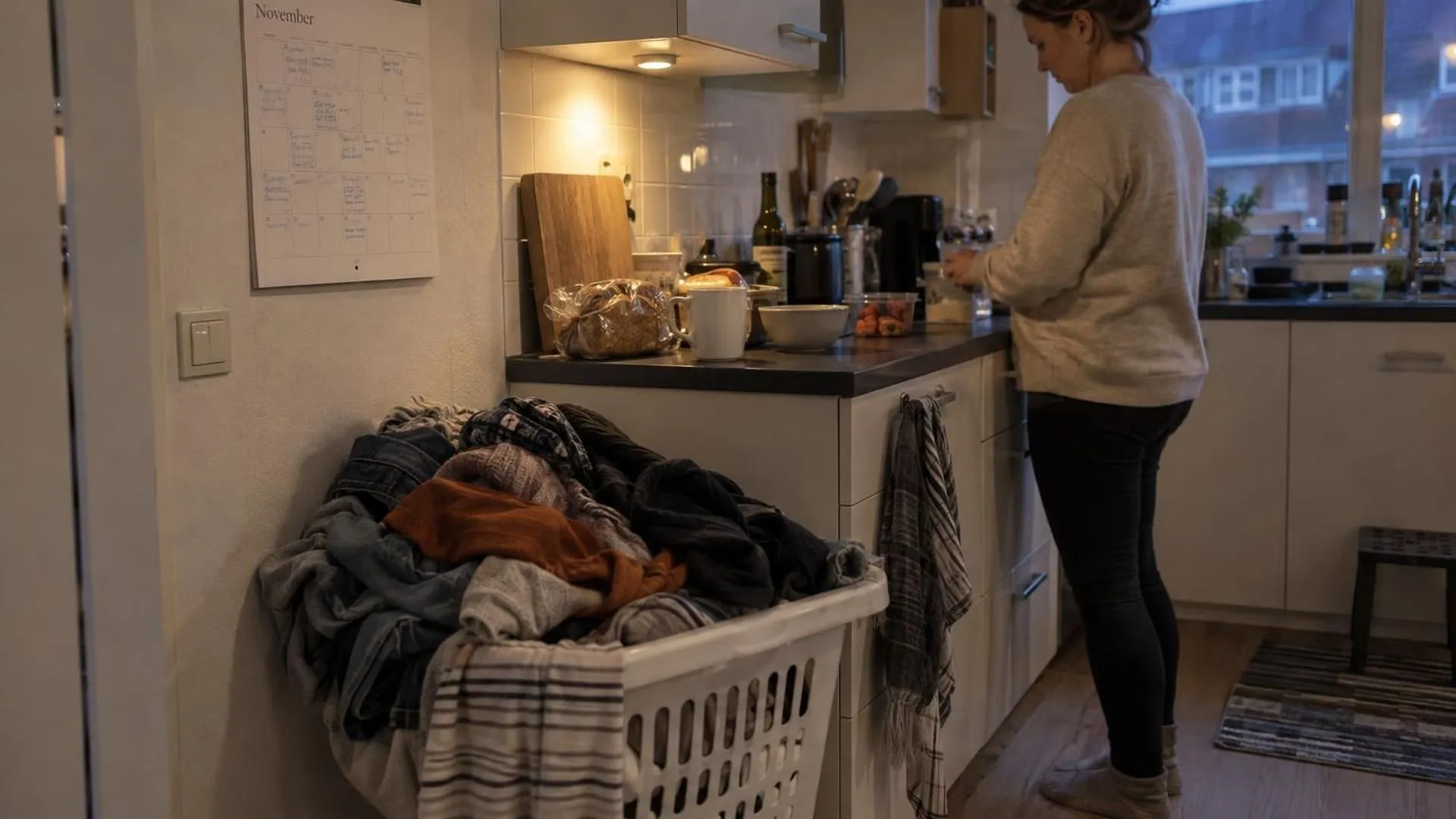 Overvolle wasmand naast een agenda vol afspraken op de keukenmuur, in avondlicht