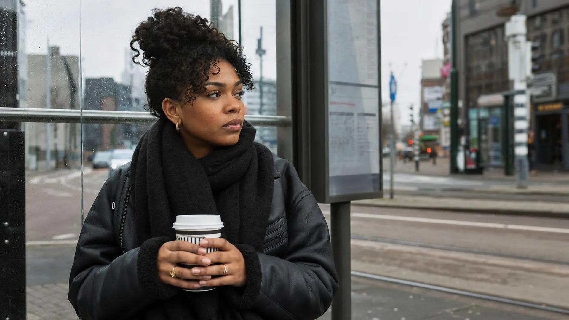 Persoon met een opgejaagd gevoel zit afwezig op een tramhalte met een koffie in de hand