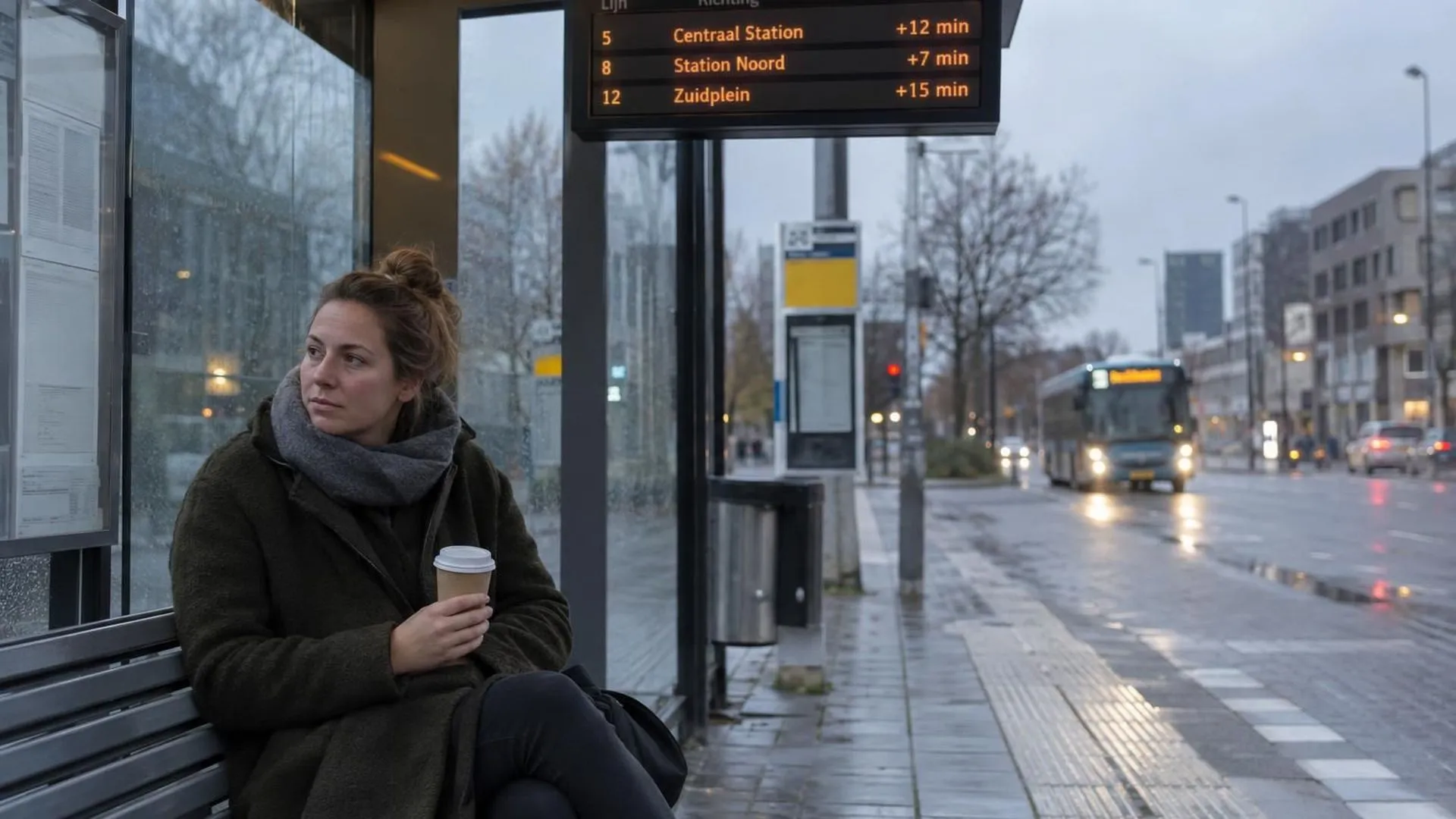 Iemand zit vroeg op een ochtend op een bushokjebankje met een half opgedronken koffiebekertje, het digitale vertrekbord toont vertraging.
