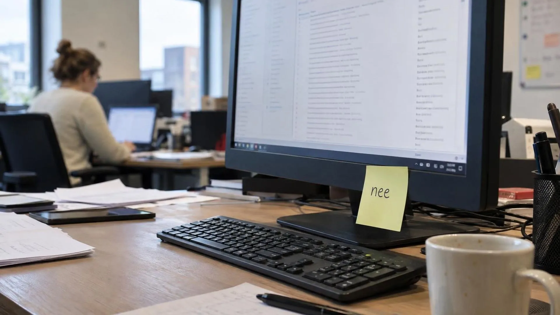 Een geel Post-it-briefje met 'nee' erop, geplakt op een beeldscherm tussen paperassen op een druk bureau