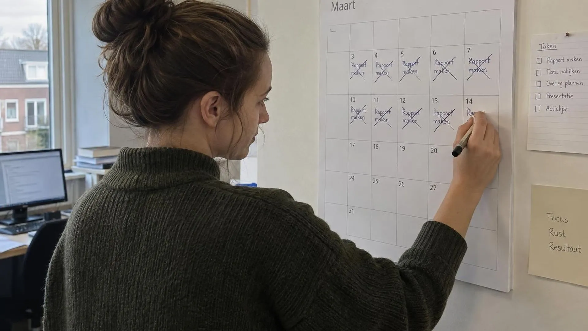 Een wandkalender waarop dezelfde taak meerdere weken achter elkaar is opgeschreven en weer doorgestreept