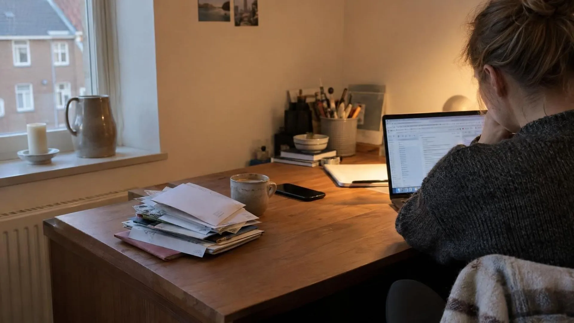 Een rommelig bureauhoekje met ongeopende post, een koud kopje koffie en een laptop met veel open tabbladen op de achtergrond