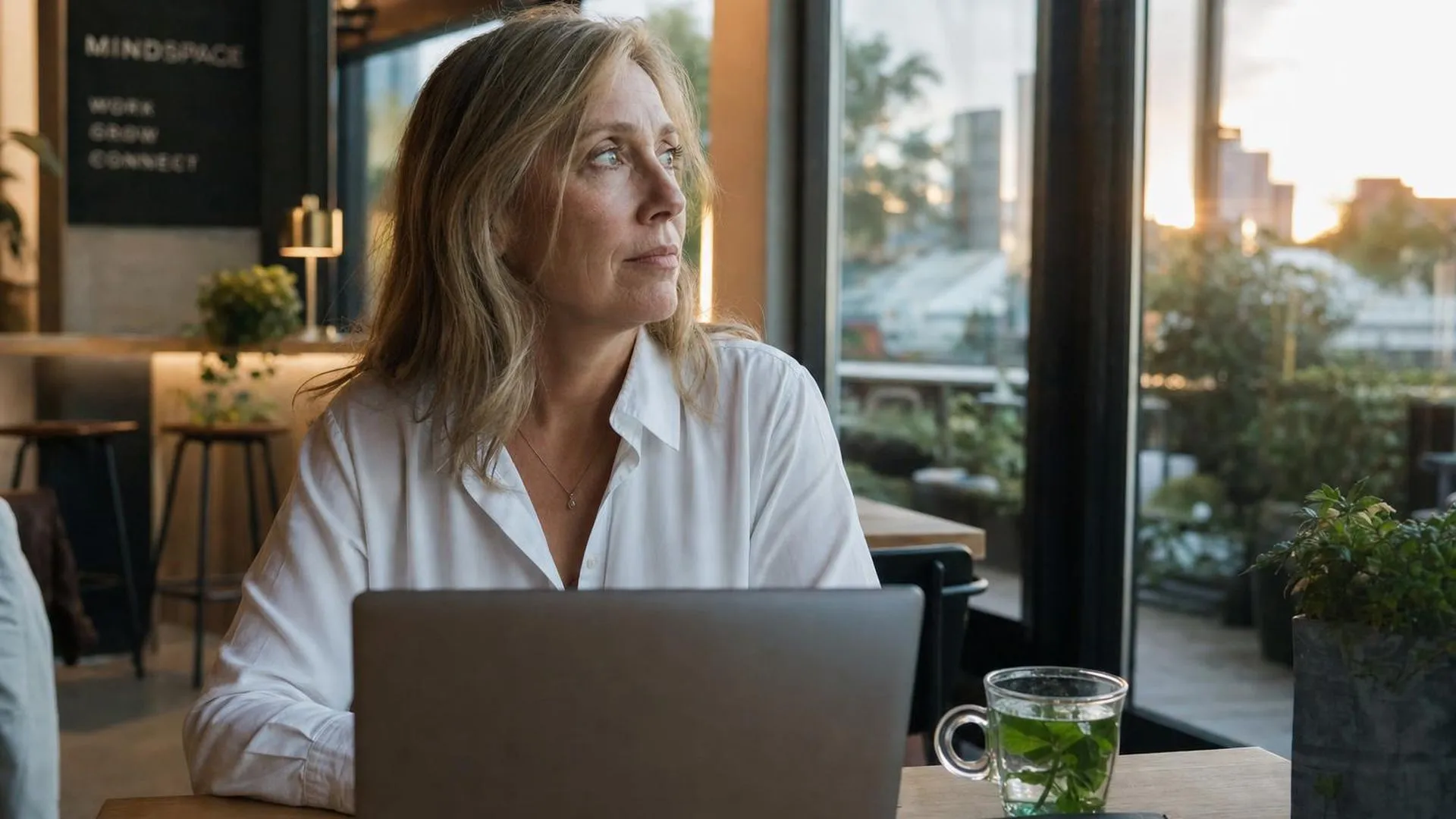 Persoon staart peinzend langs het scherm van een laptop in een café
