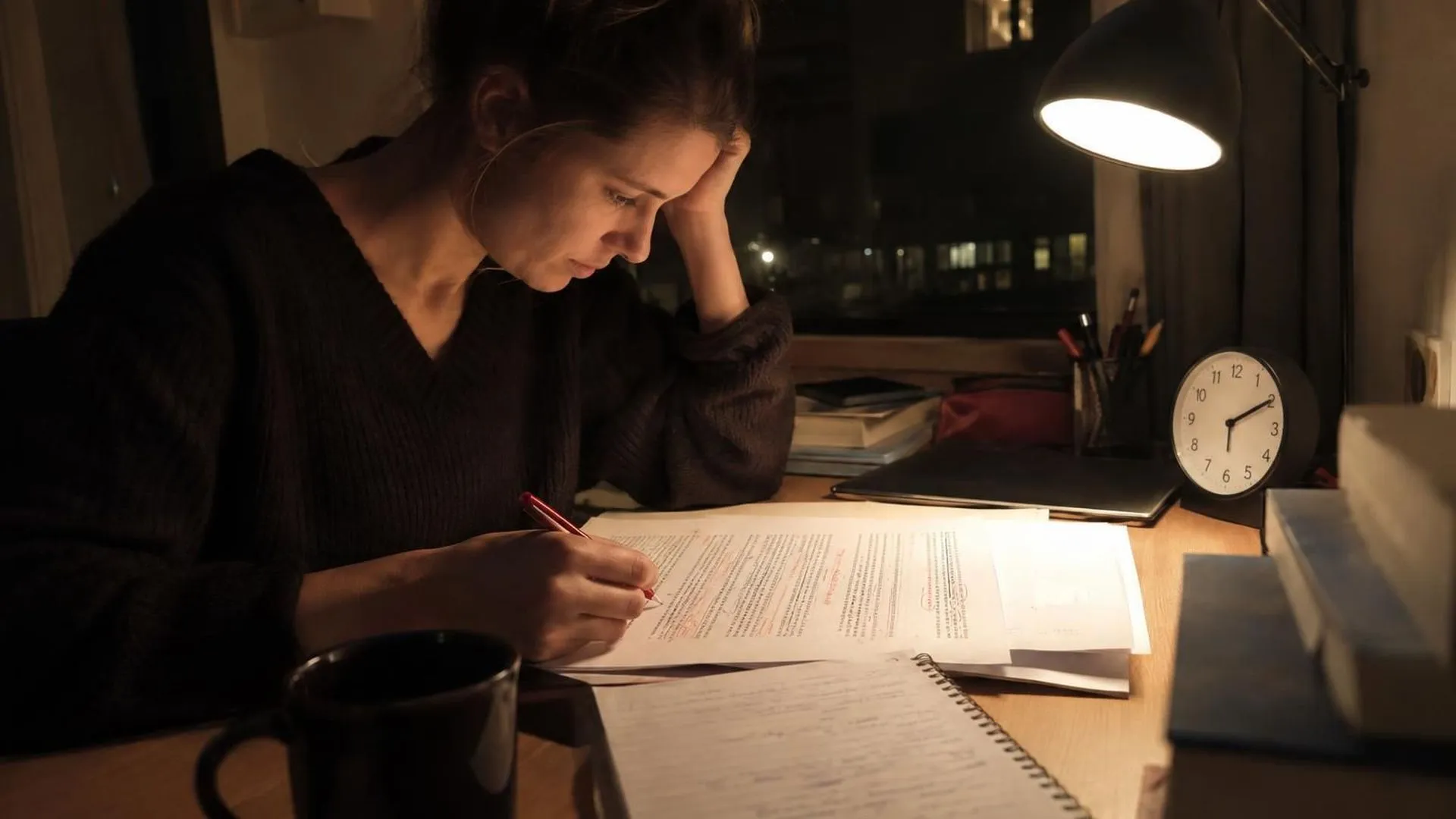 Een bureaulamp beschijnt een rapport vol rode correcties, een klein klokje op het bureau wijst ruim na middernacht.