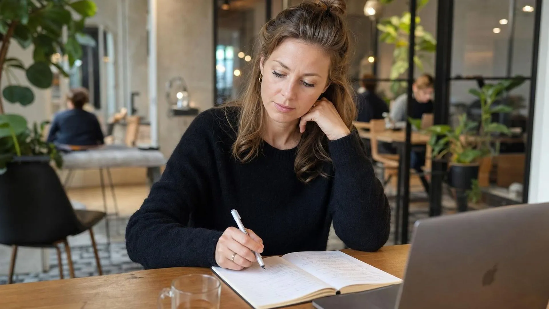Persoon pauzeert bij een tafel in een koffiebar en kijkt nadenkend naar een open notitieboek