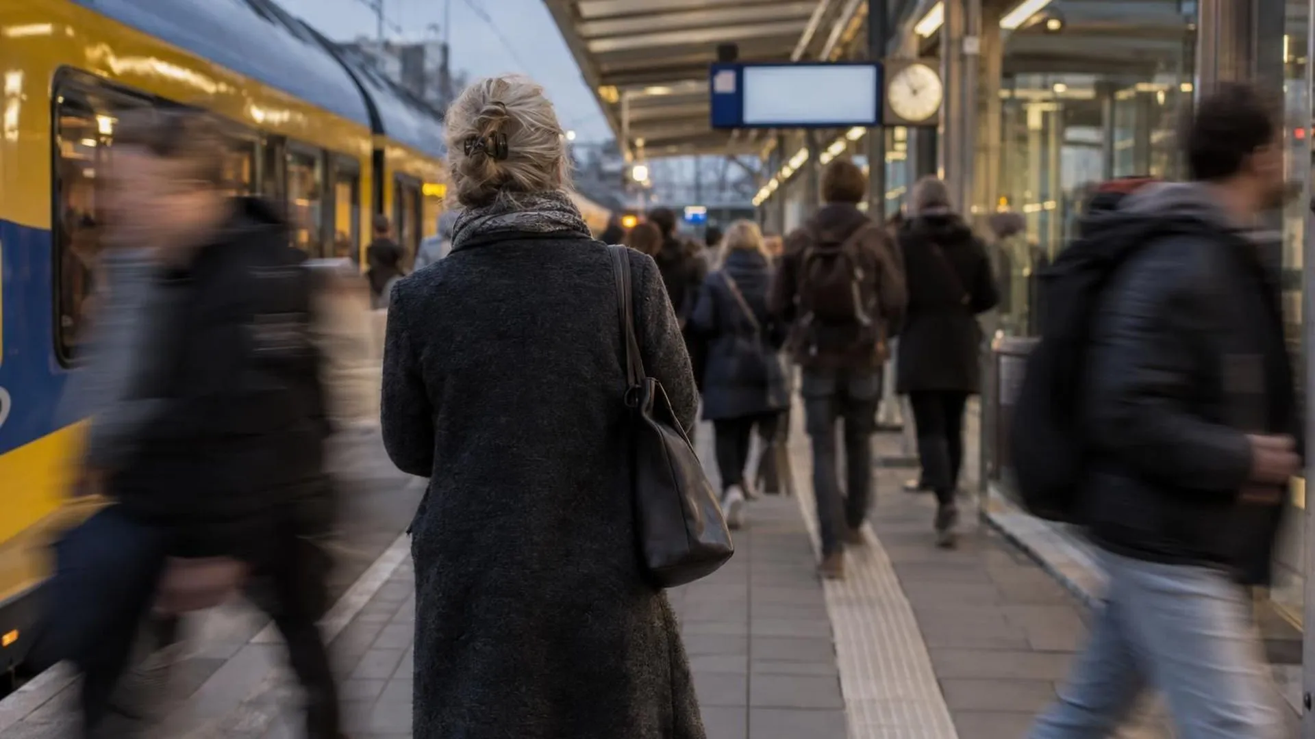 Van achteren gezien staat iemand stil op een druk perron terwijl andere reizigers voorbij haasten, een beeld van het gevoel dat het leven met je gebeurt in plaats van andersom.