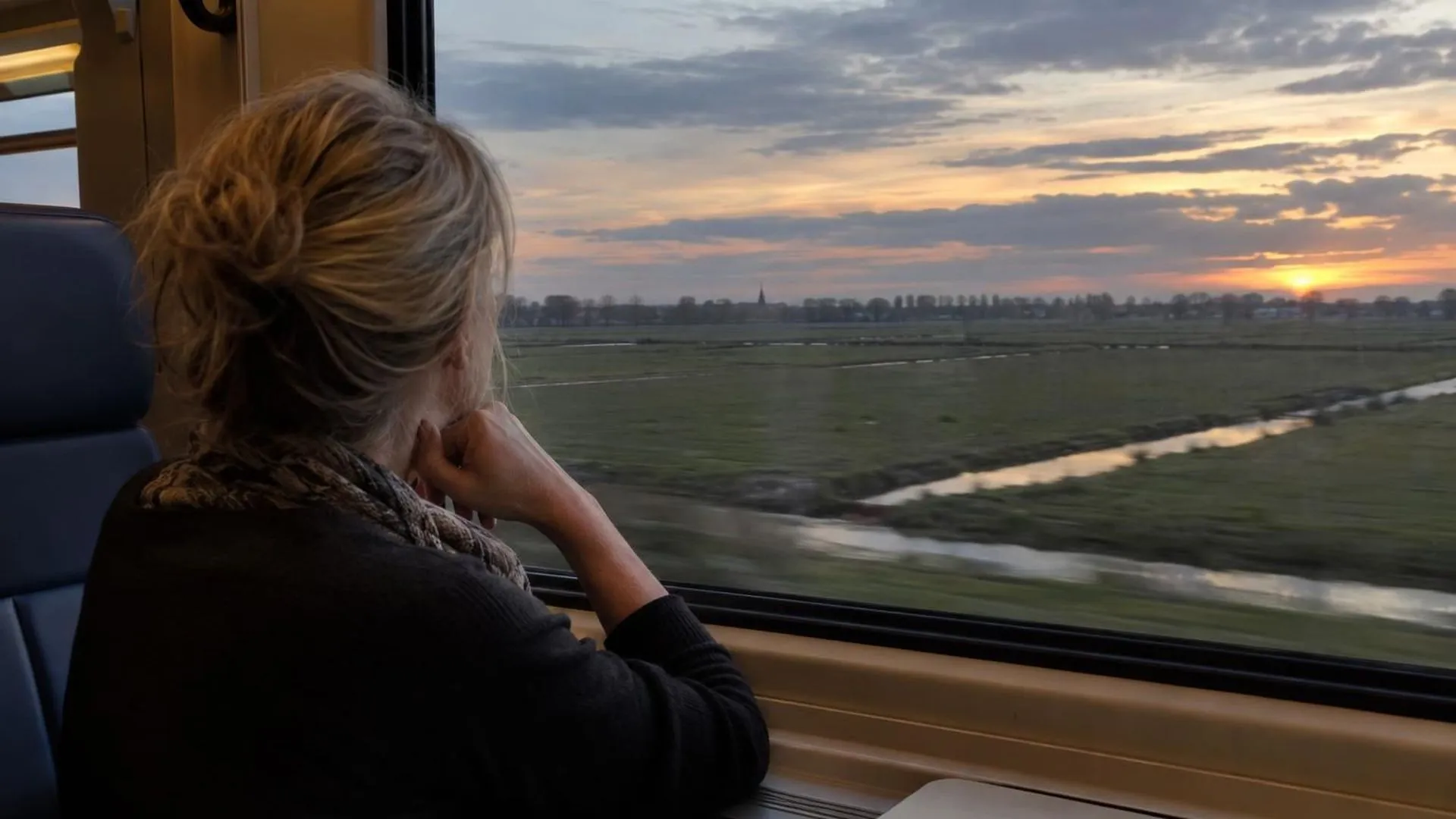 Iemand van achteren gezien, kijkend uit een treinraam naar het voorbijglijdende Nederlandse polderlandschap