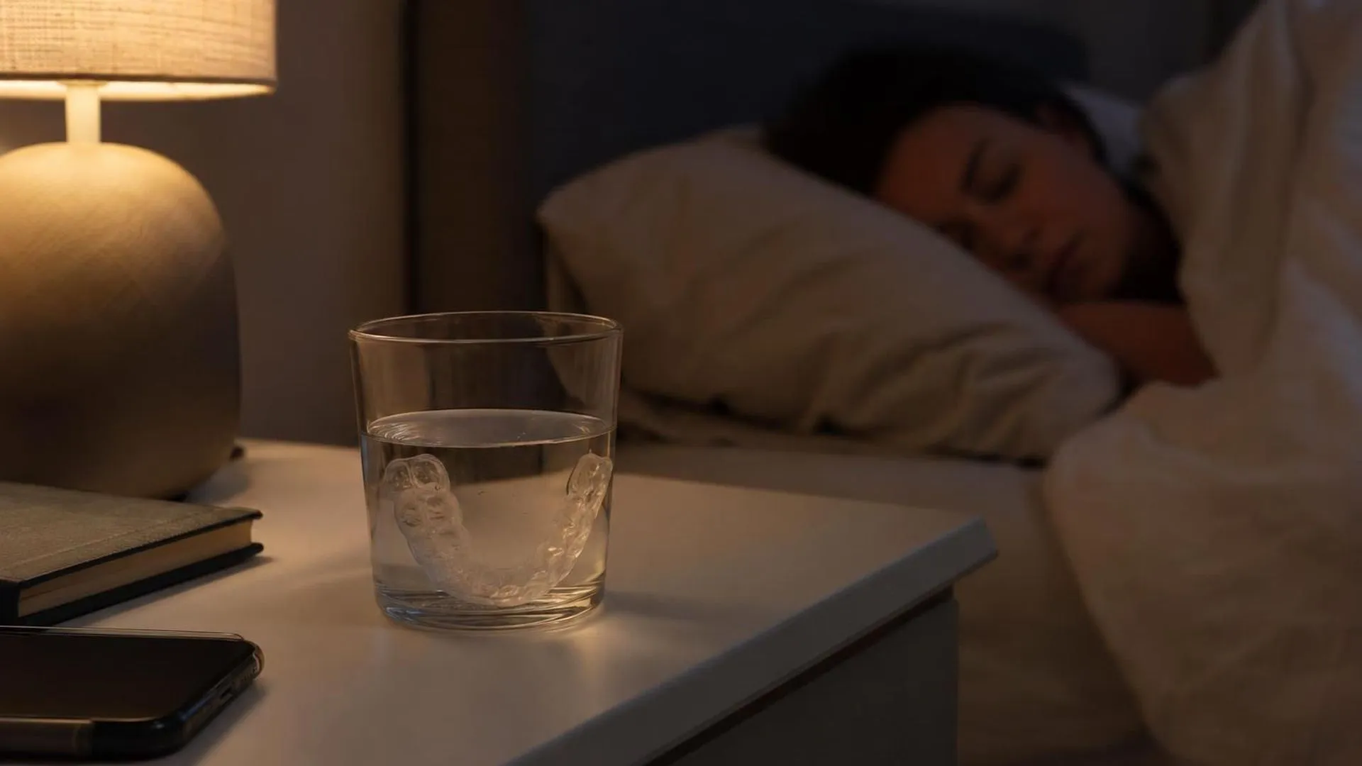 Een bitje dat 's nachts in een glas water op het nachtkastje ligt.