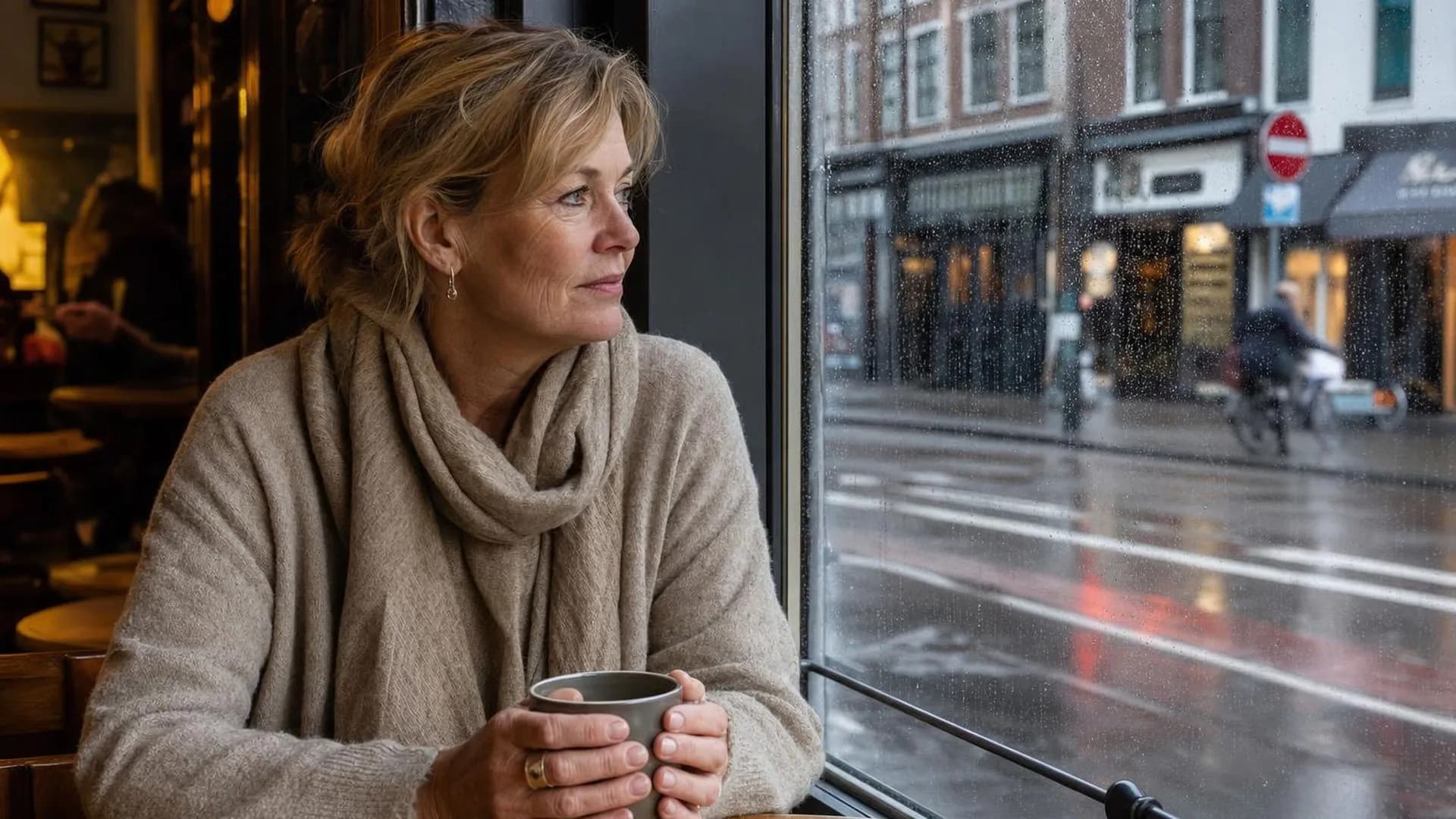 Persoon die met een warme mok bij een caféraam naar buiten kijkt en even pauzeert