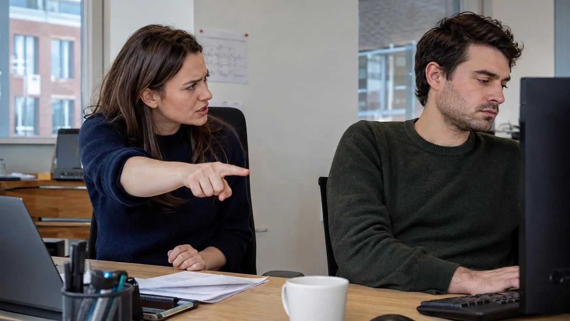 Twee collega's aan een bureau, één wijst verwijtend, de ander kijkt weg naar het scherm