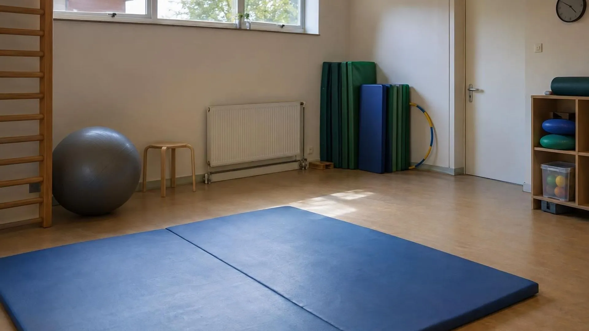 Een rustige therapieruimte met opgestapelde matten tegen de muur en een hoelahoep in de hoek, ochtendlicht door hoge ramen