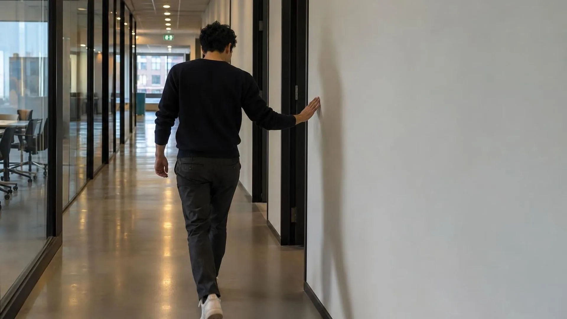 Iemand loopt van achteren gezien langzaam weg door een rustige gang, met een hand langs de muur