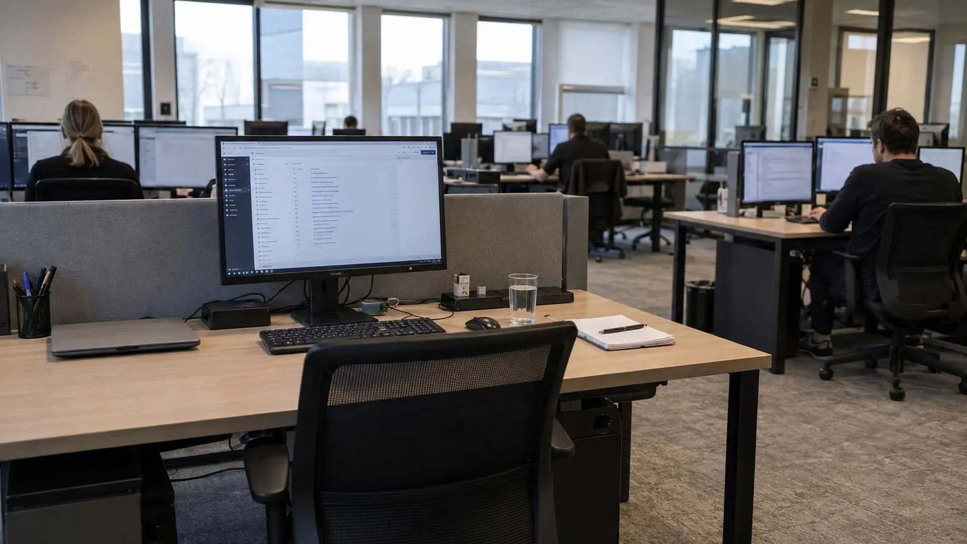 Een kantoorbureau midden op de middag met netjes aangeschoven stoel en een scherm met een gepauzeerde takenlijst, collega's werken verderop nog door.