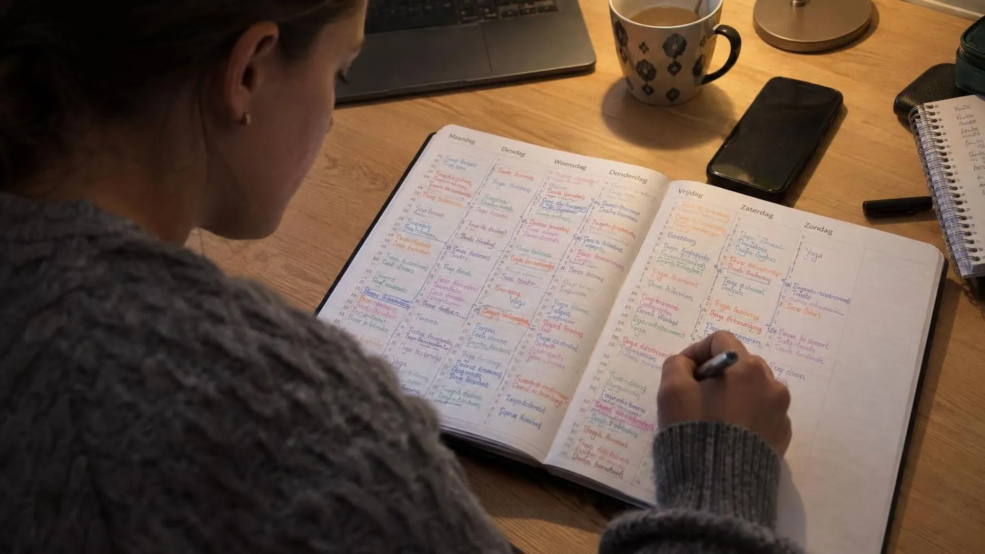 Een agenda volgeschreven met afspraken in verschillende kleuren pen, met nog maar één klein leeg hoekje over.